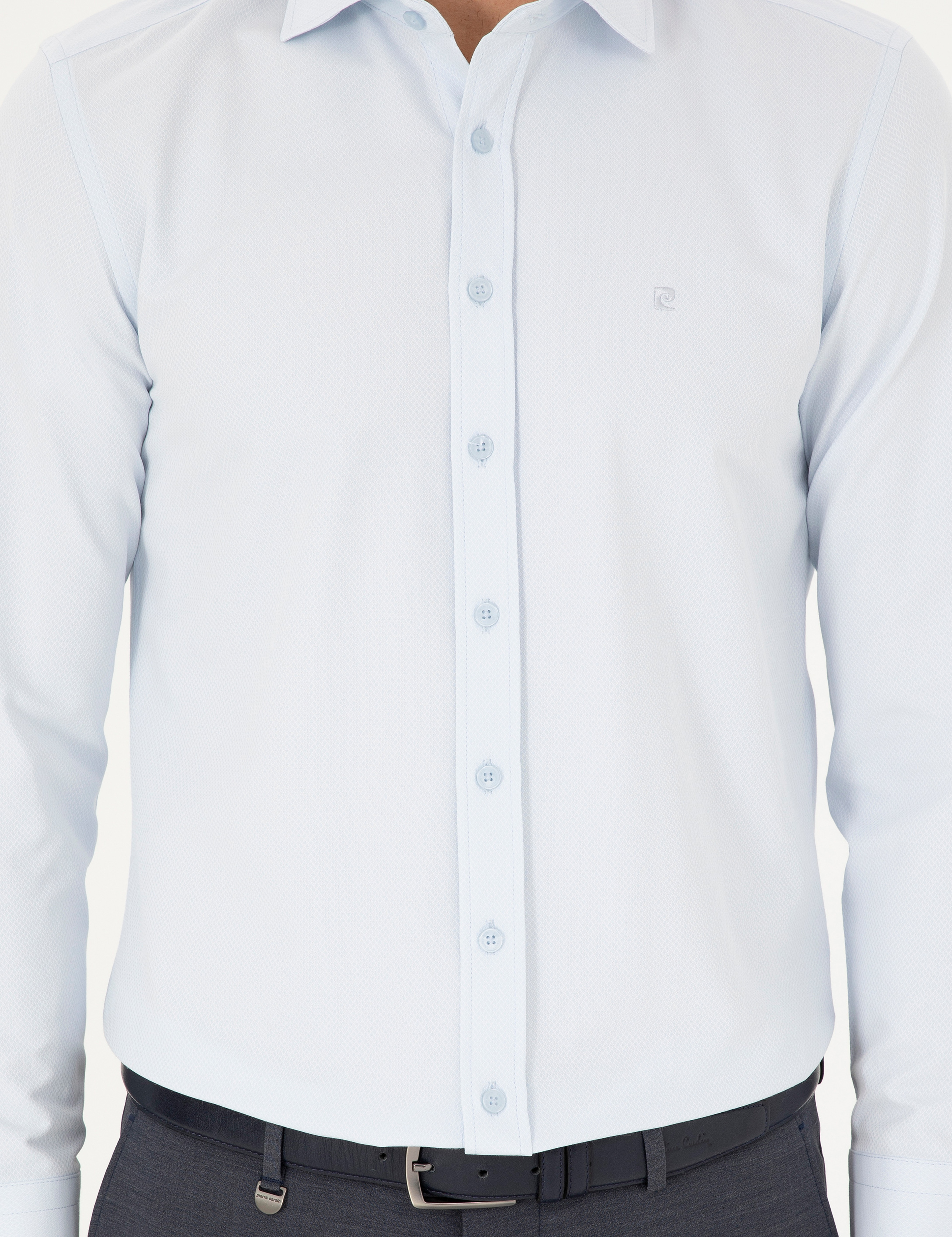 Açık Mavi Slim Fit Armürlü Uzun Kollu Gömlek - Image 6