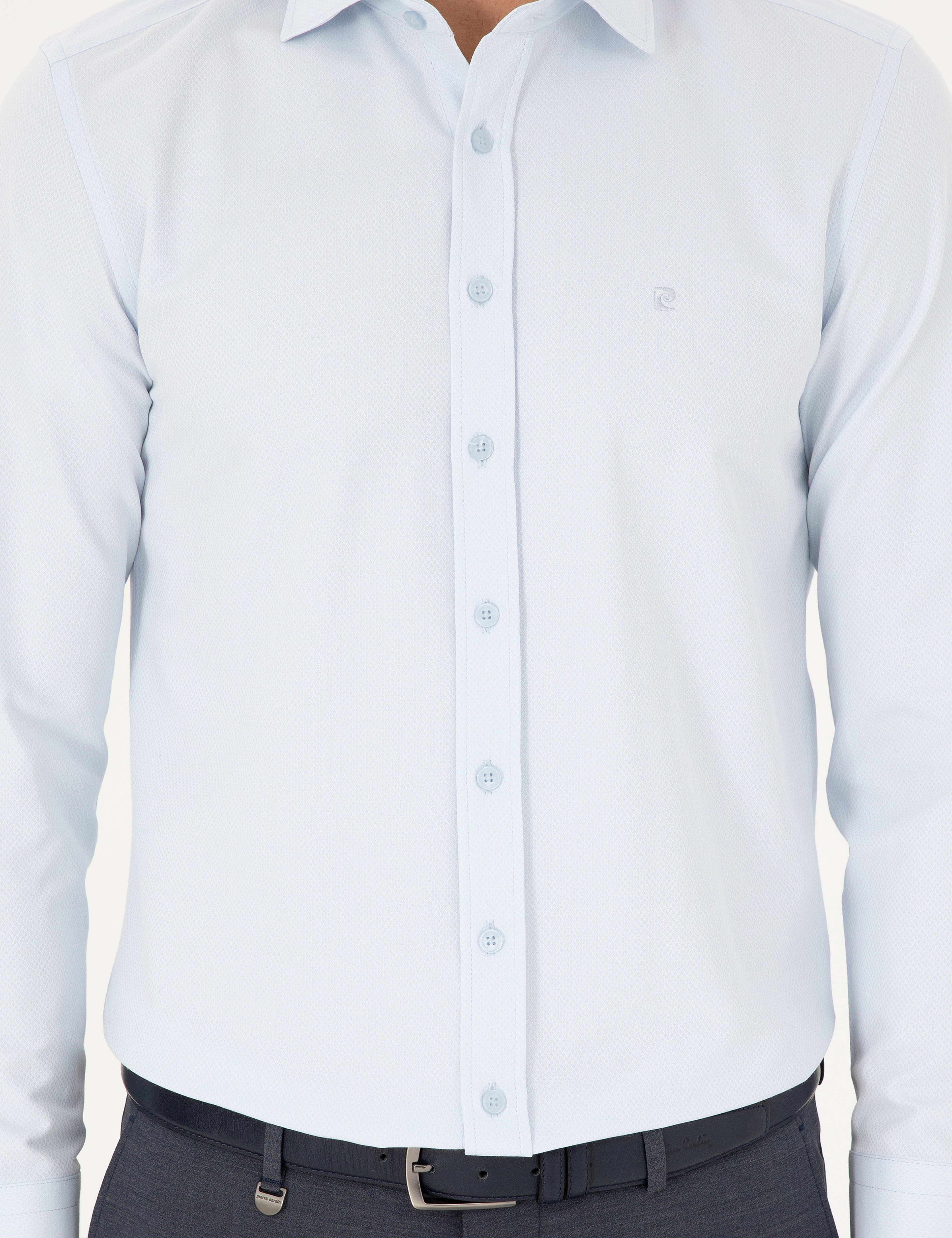 Açık Mavi Slim Fit Armürlü Uzun Kollu Gömlek
