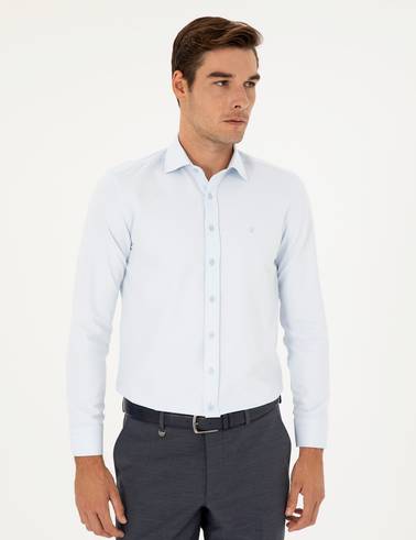 Açık Mavi Slim Fit Armürlü Uzun Kollu Gömlek
