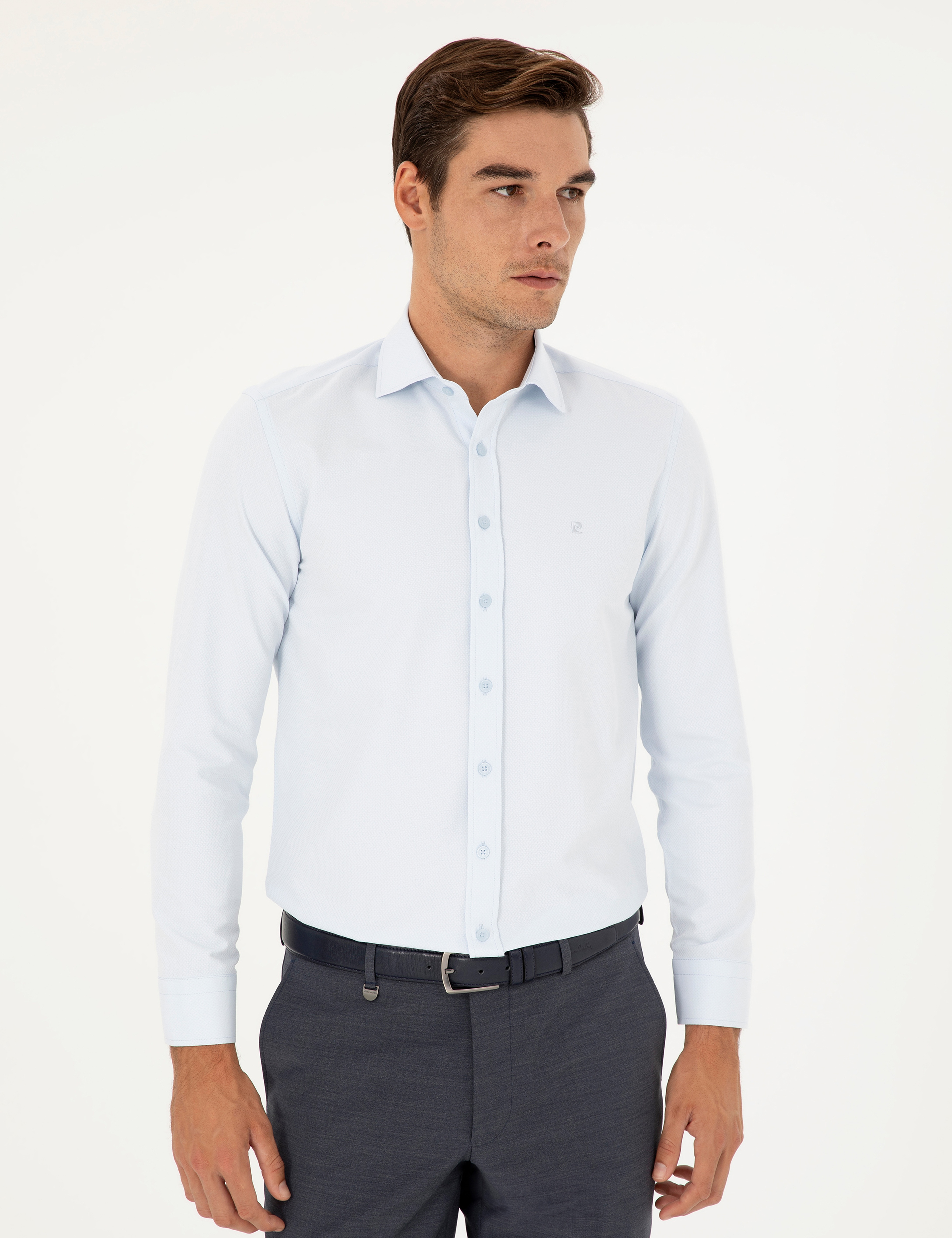 Açık Mavi Slim Fit Armürlü Uzun Kollu Gömlek - Image 3