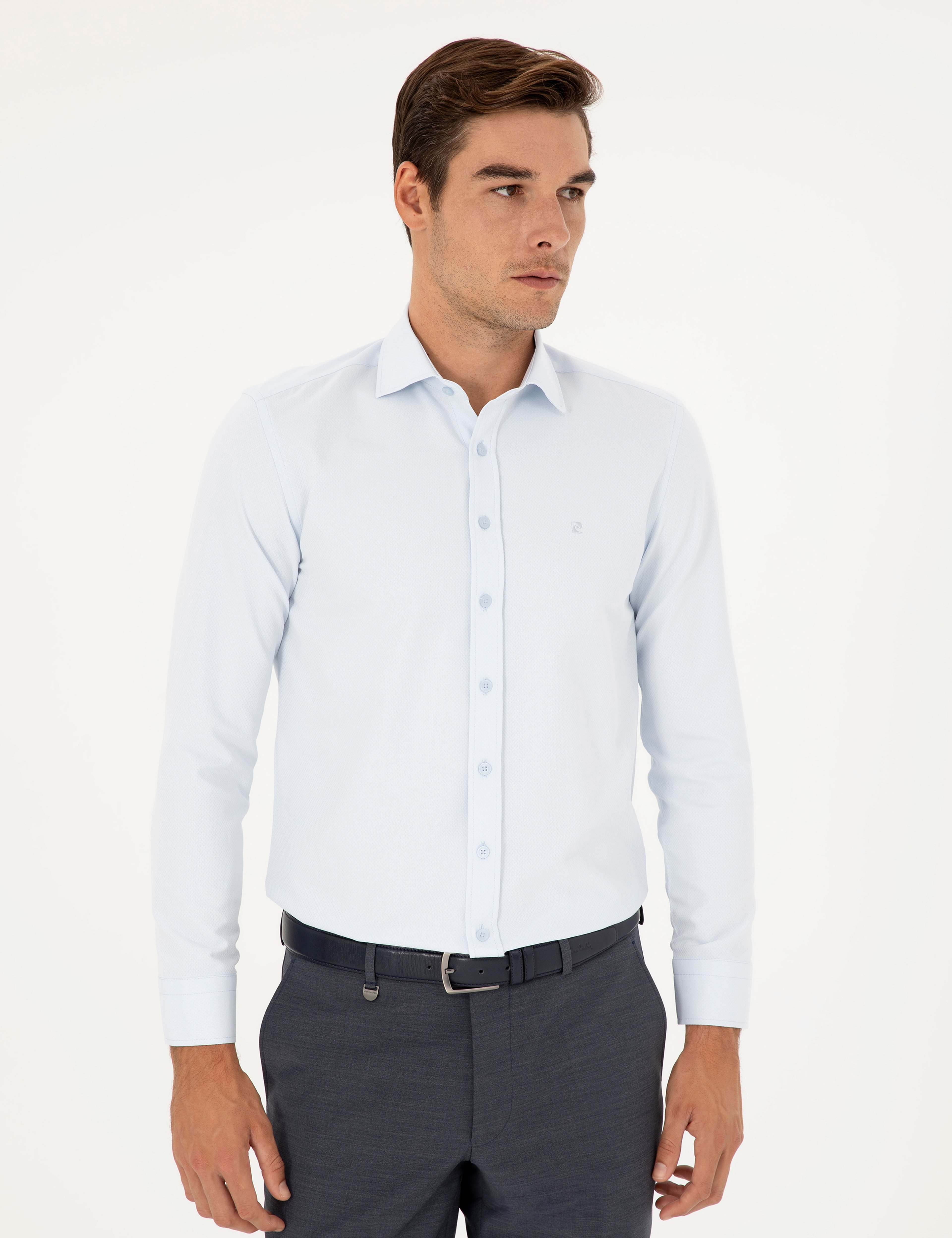 Açık Mavi Slim Fit Armürlü Uzun Kollu Gömlek