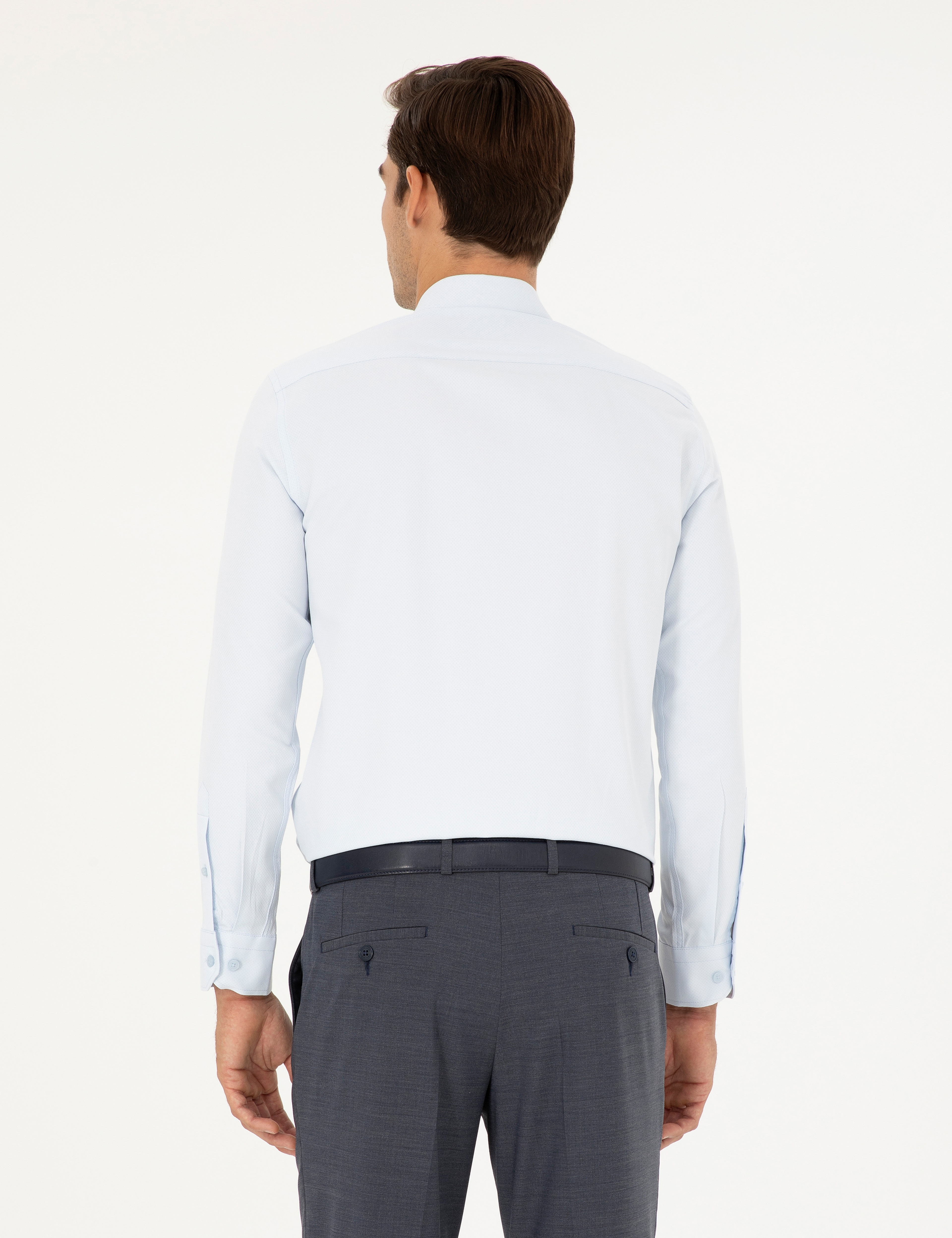 Açık Mavi Slim Fit Armürlü Uzun Kollu Gömlek - Image 5