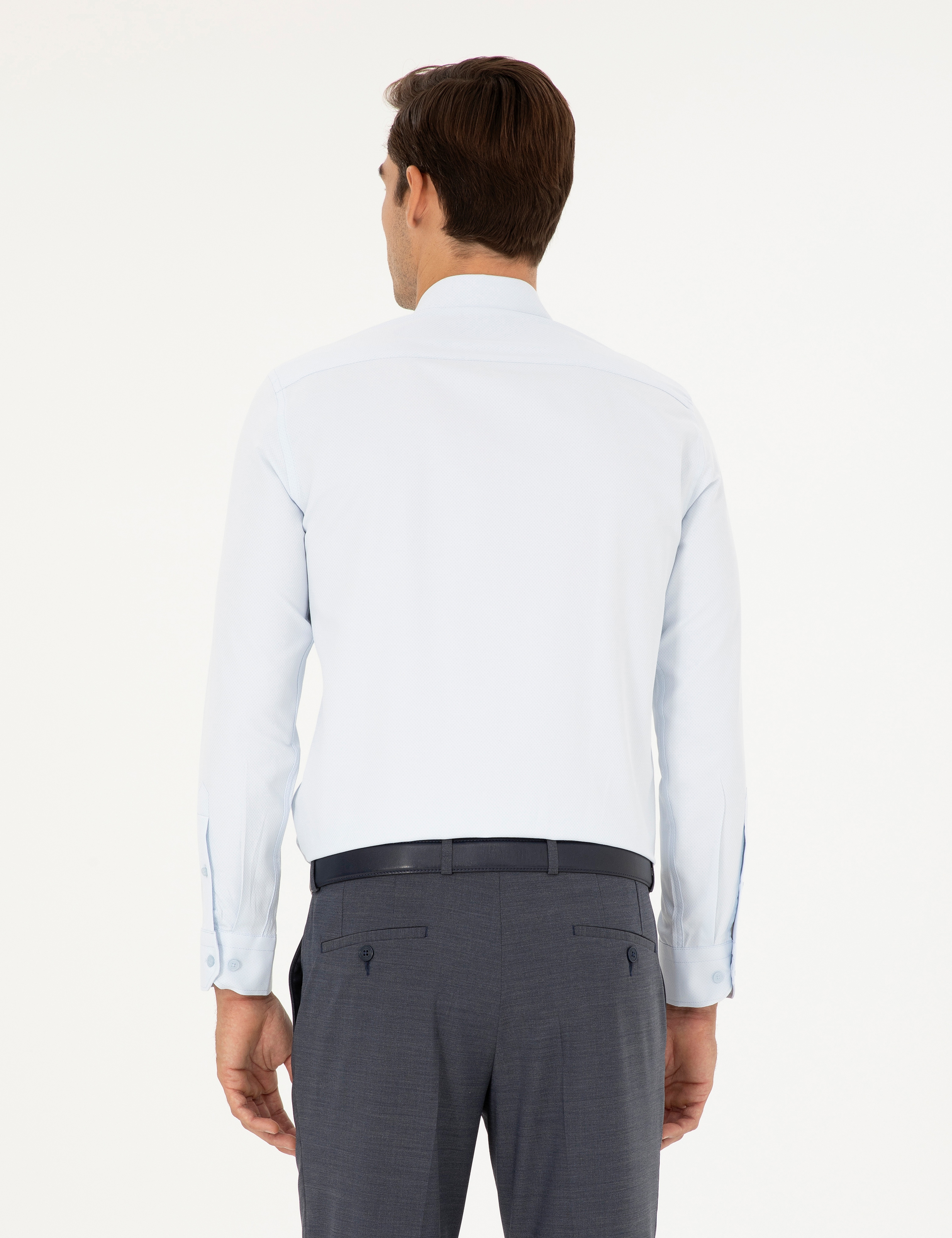 Açık Mavi Slim Fit Armürlü Uzun Kollu Gömlek