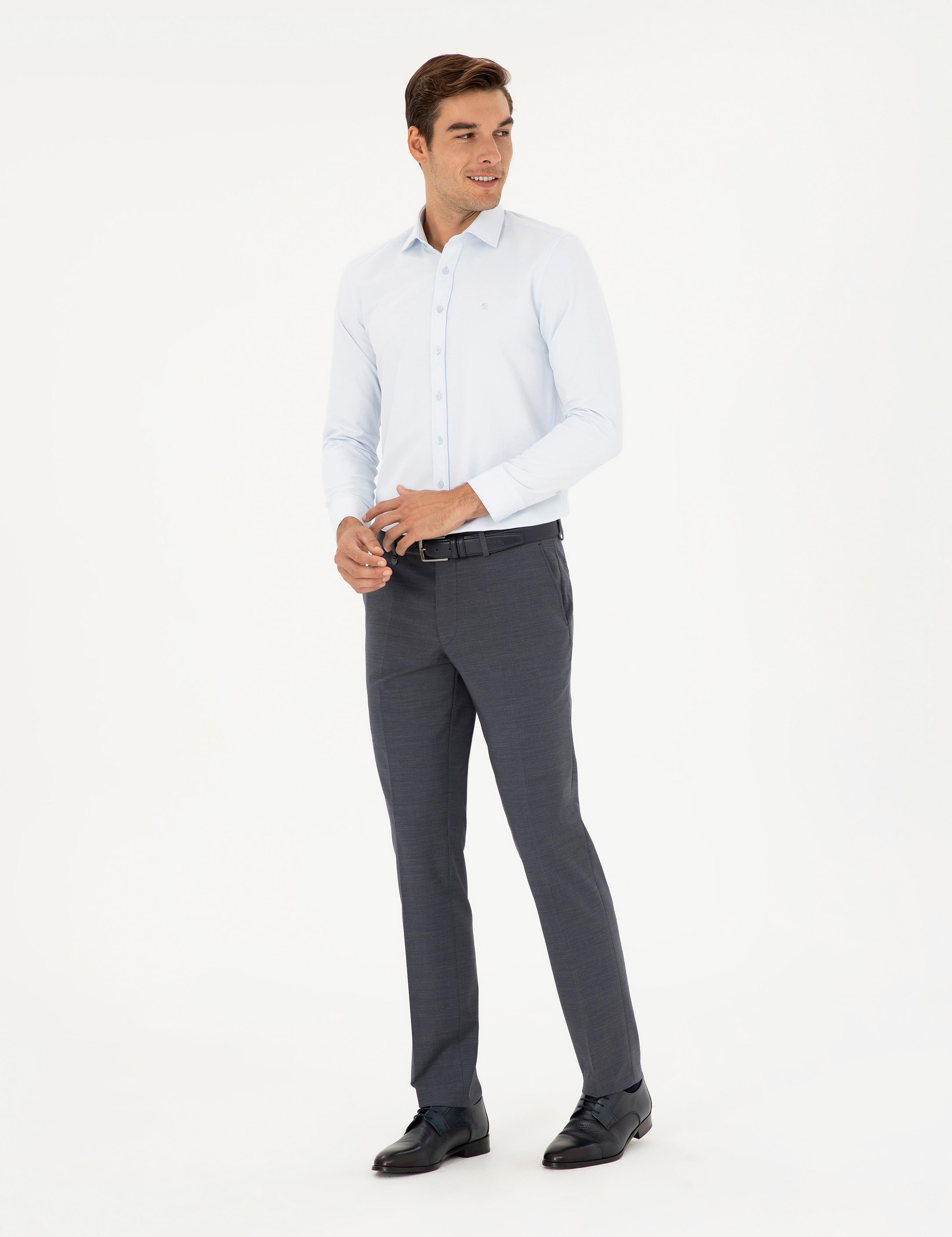 Açık Mavi Slim Fit Armürlü Uzun Kollu Gömlek