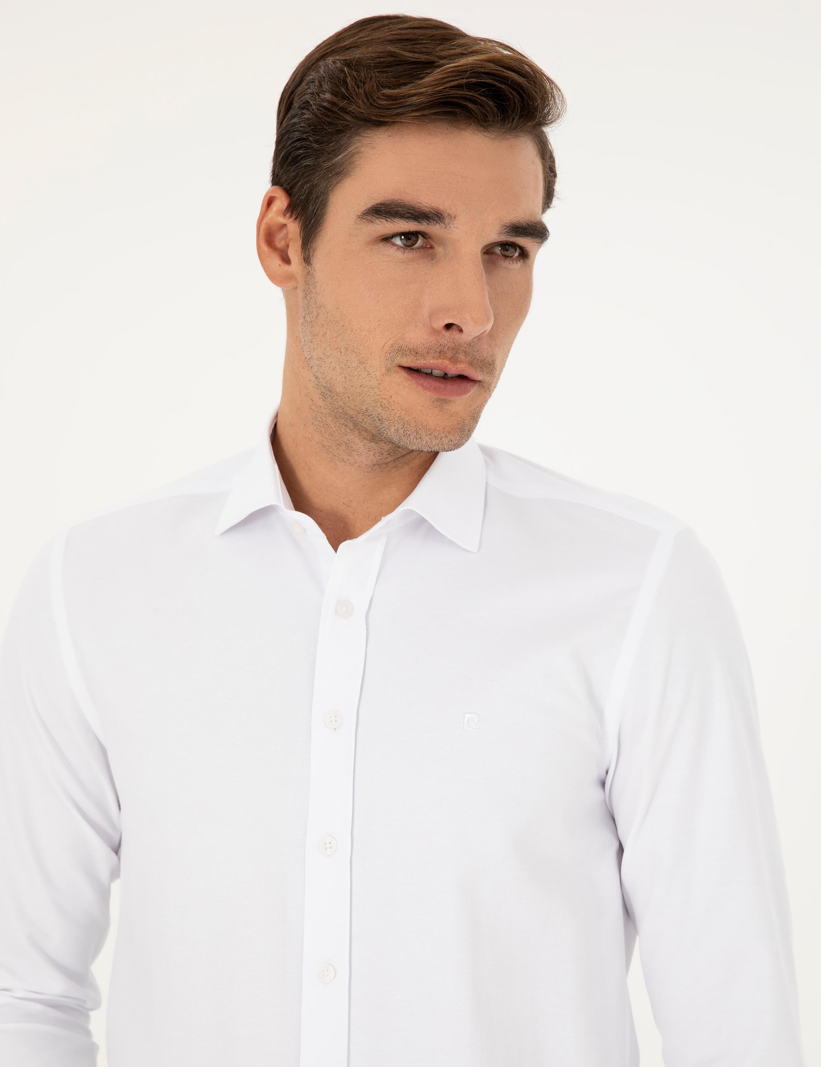 Beyaz Slim Fit Armürlü Uzun Kollu Gömlek