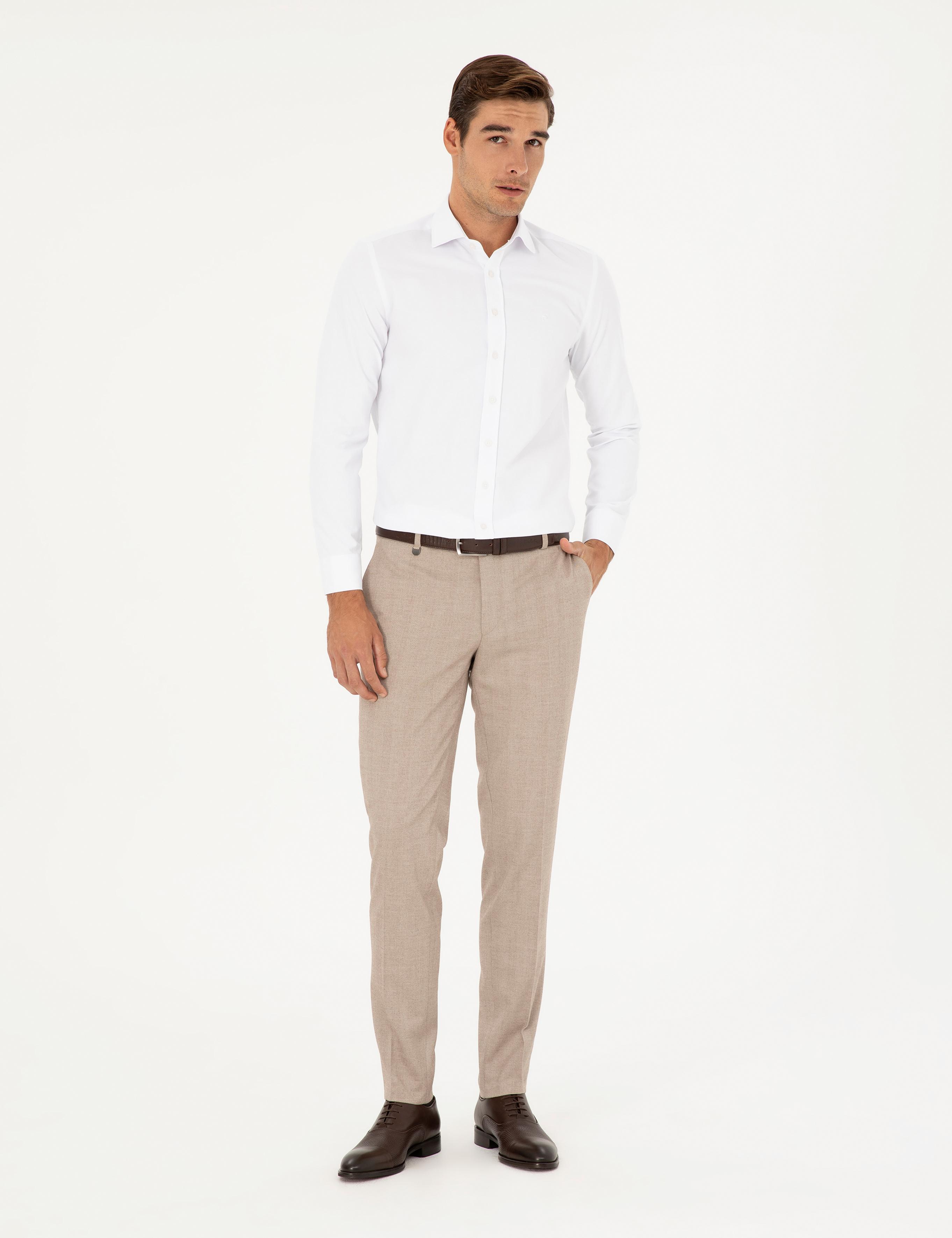 Beyaz Slim Fit Armürlü Uzun Kollu Gömlek