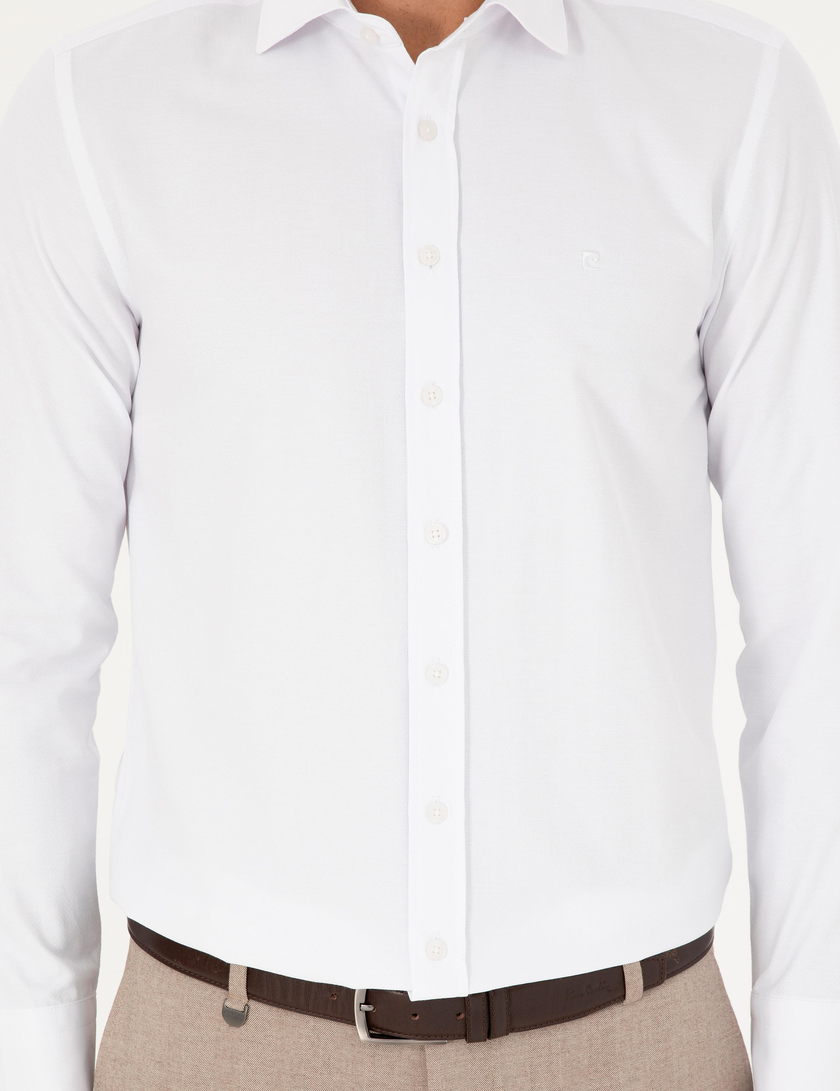 Beyaz Slim Fit Armürlü Uzun Kollu Gömlek