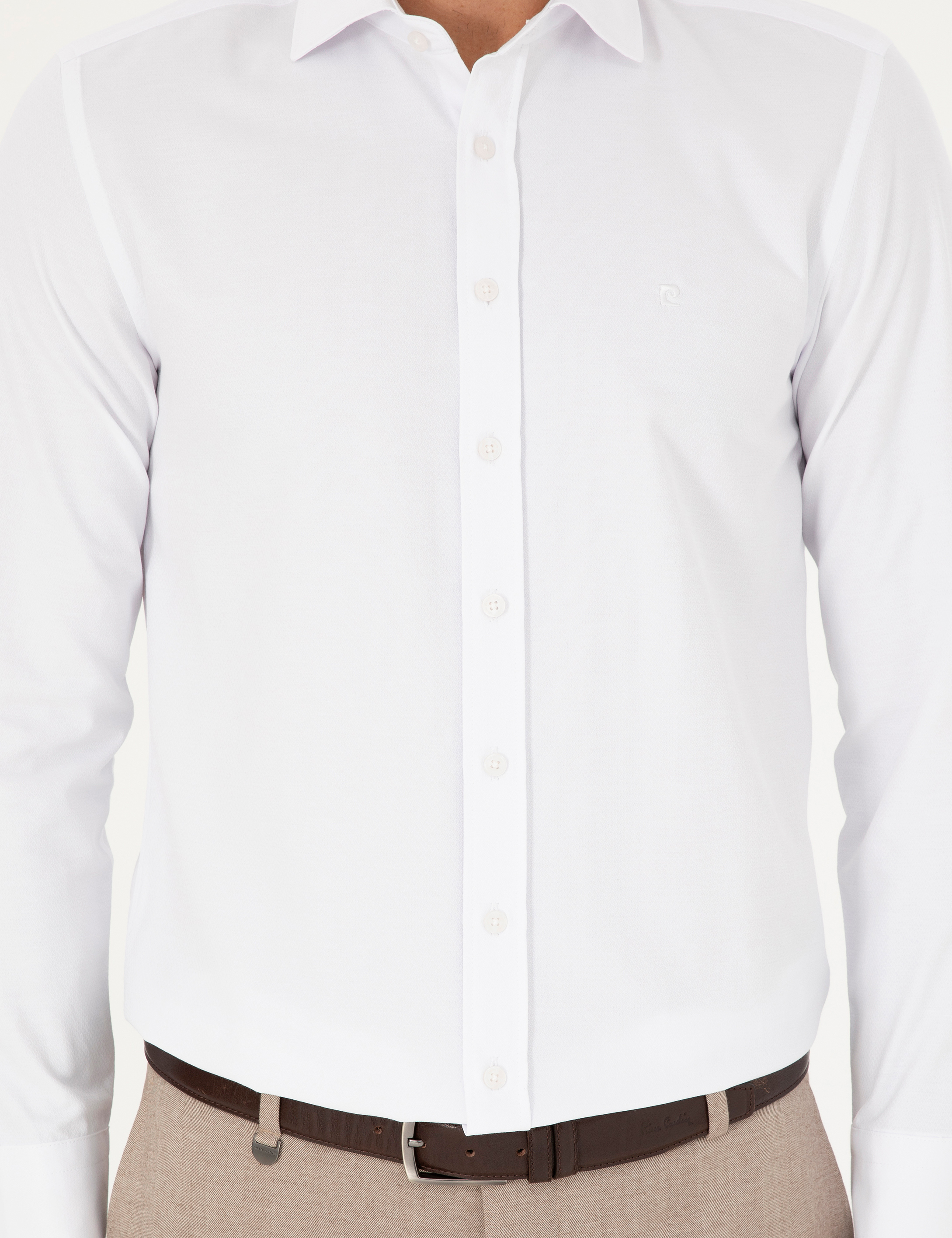 Beyaz Slim Fit Armürlü Uzun Kollu Gömlek