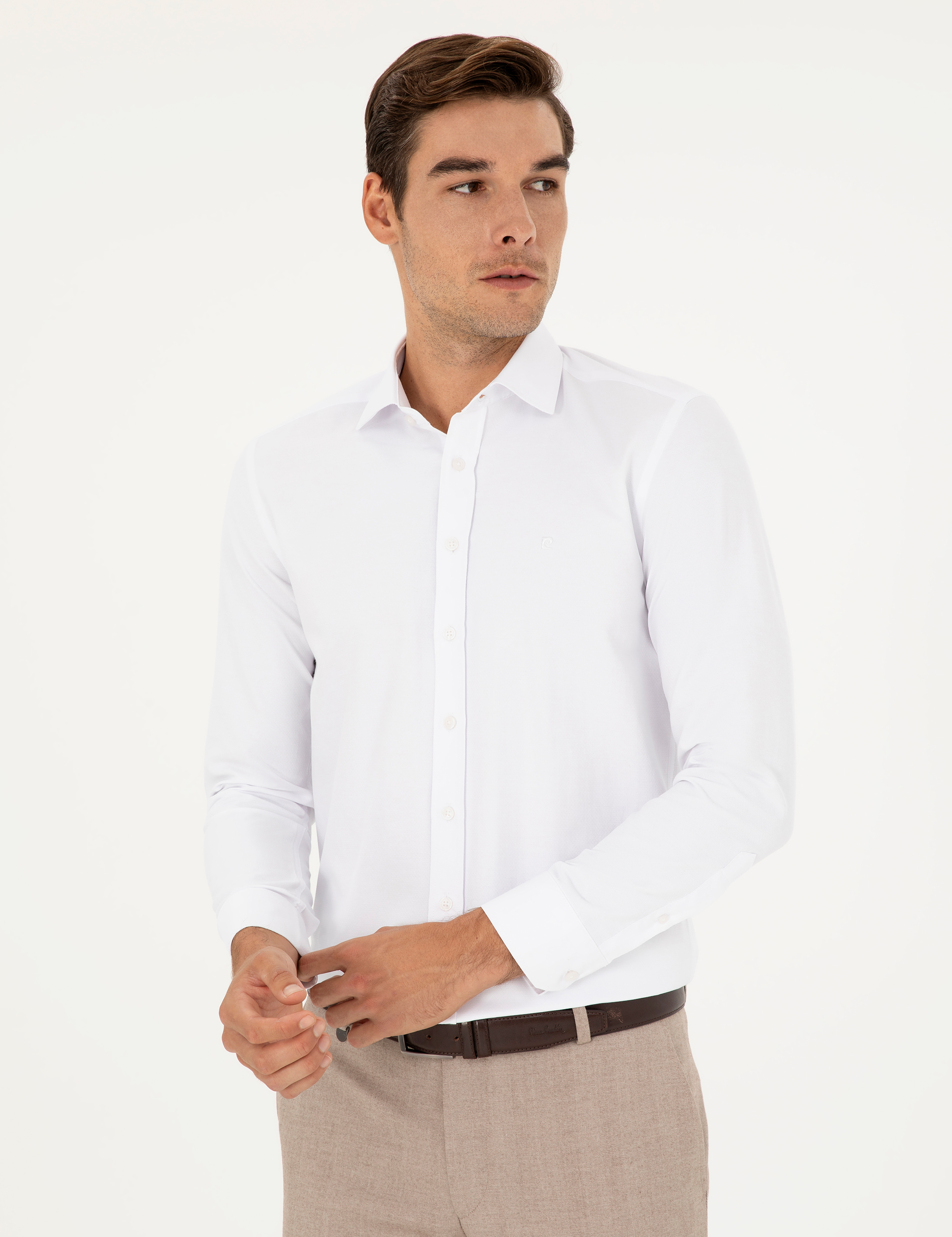 Beyaz Slim Fit Armürlü Uzun Kollu Gömlek - Image 3
