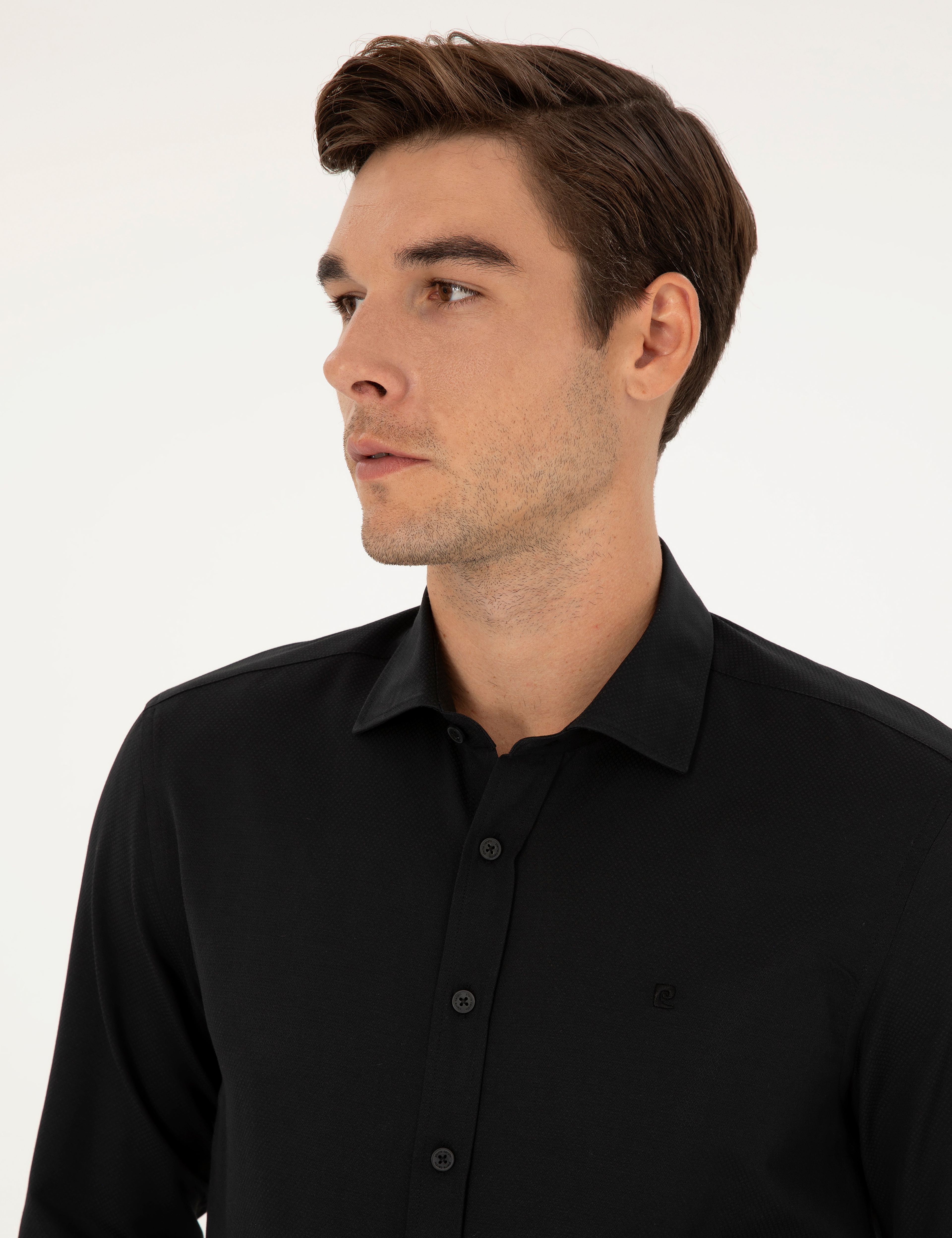 Siyah Slim Fit Armürlü Uzun Kollu Gömlek - Image 2