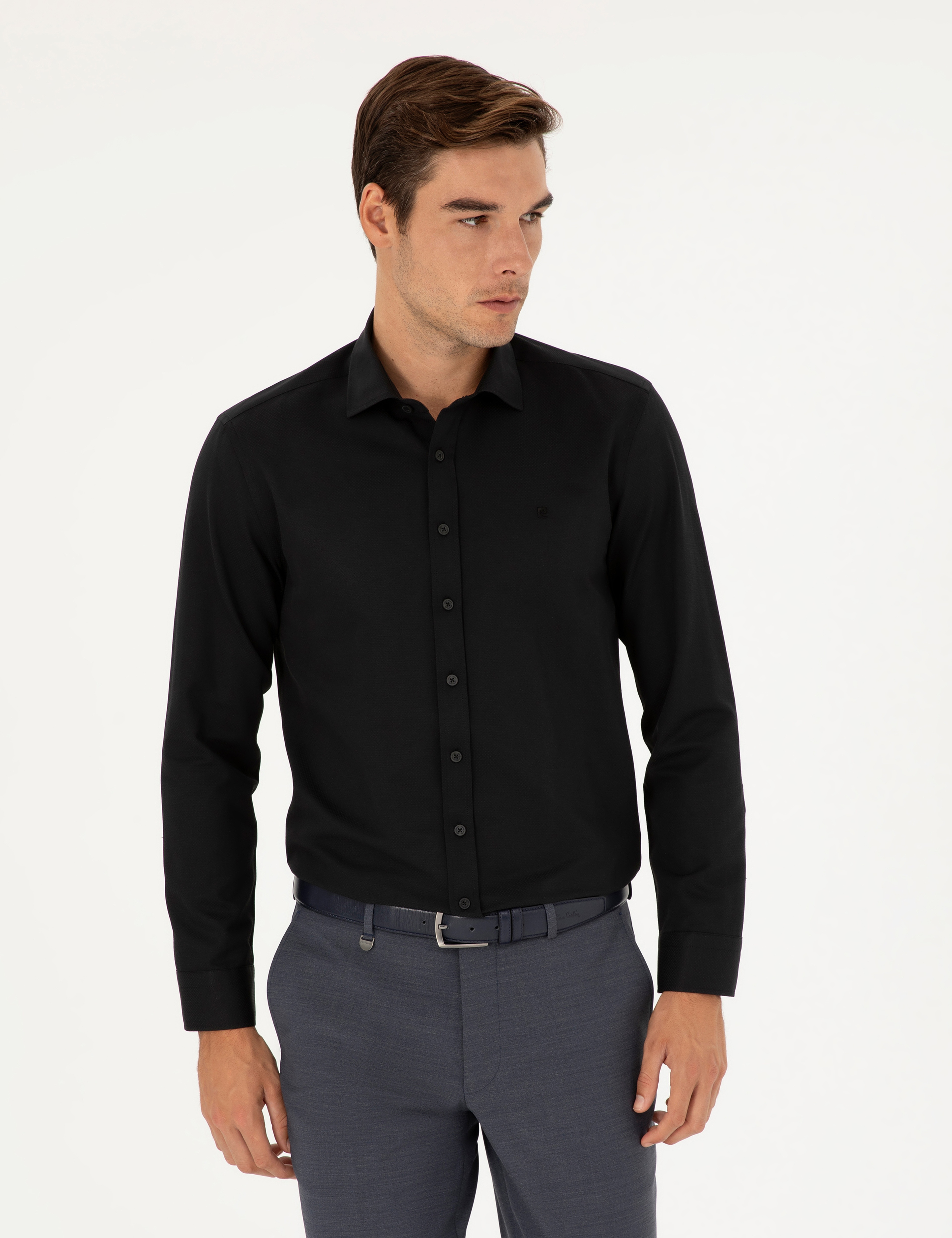 Siyah Slim Fit Armürlü Uzun Kollu Gömlek