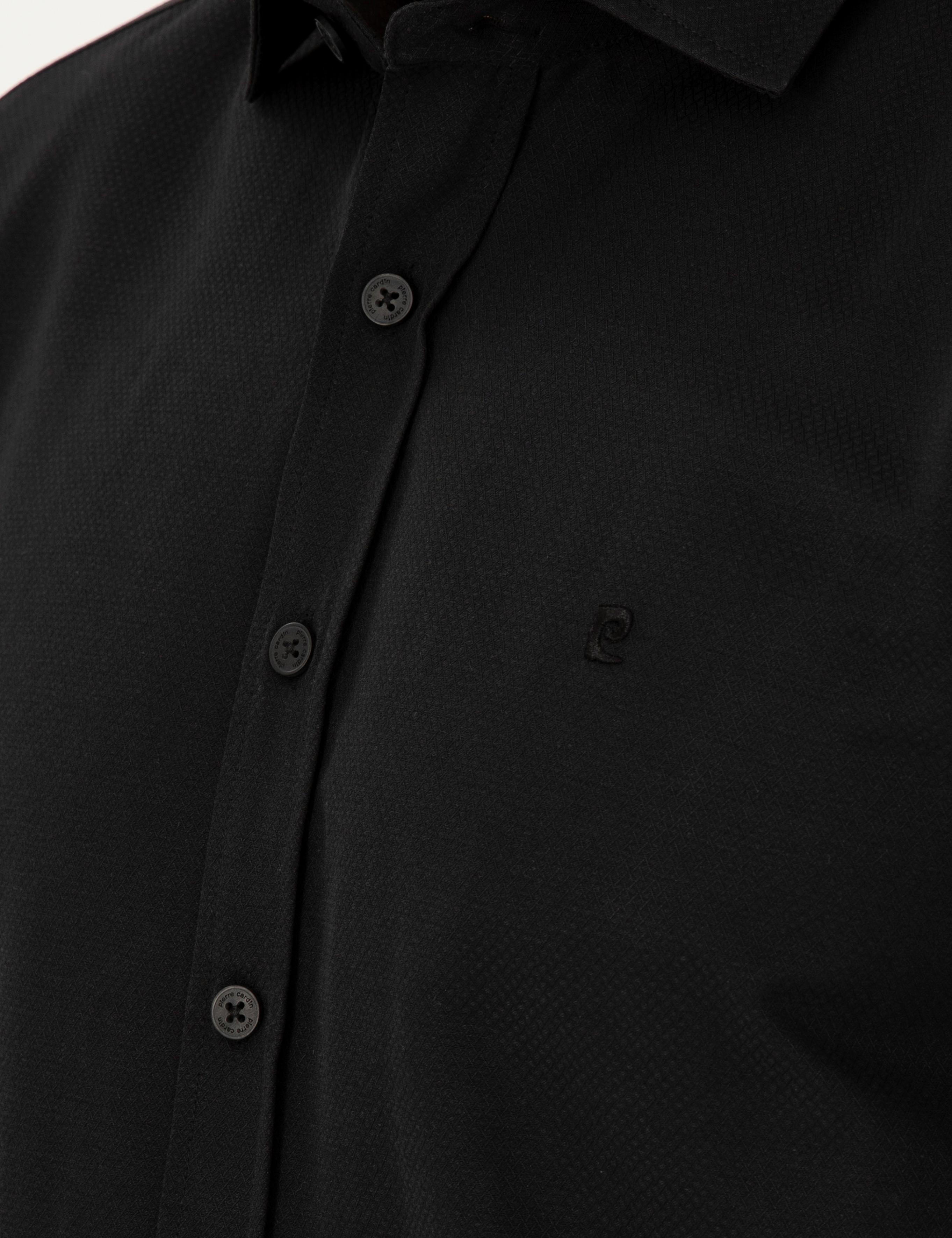 Siyah Slim Fit Armürlü Uzun Kollu Gömlek