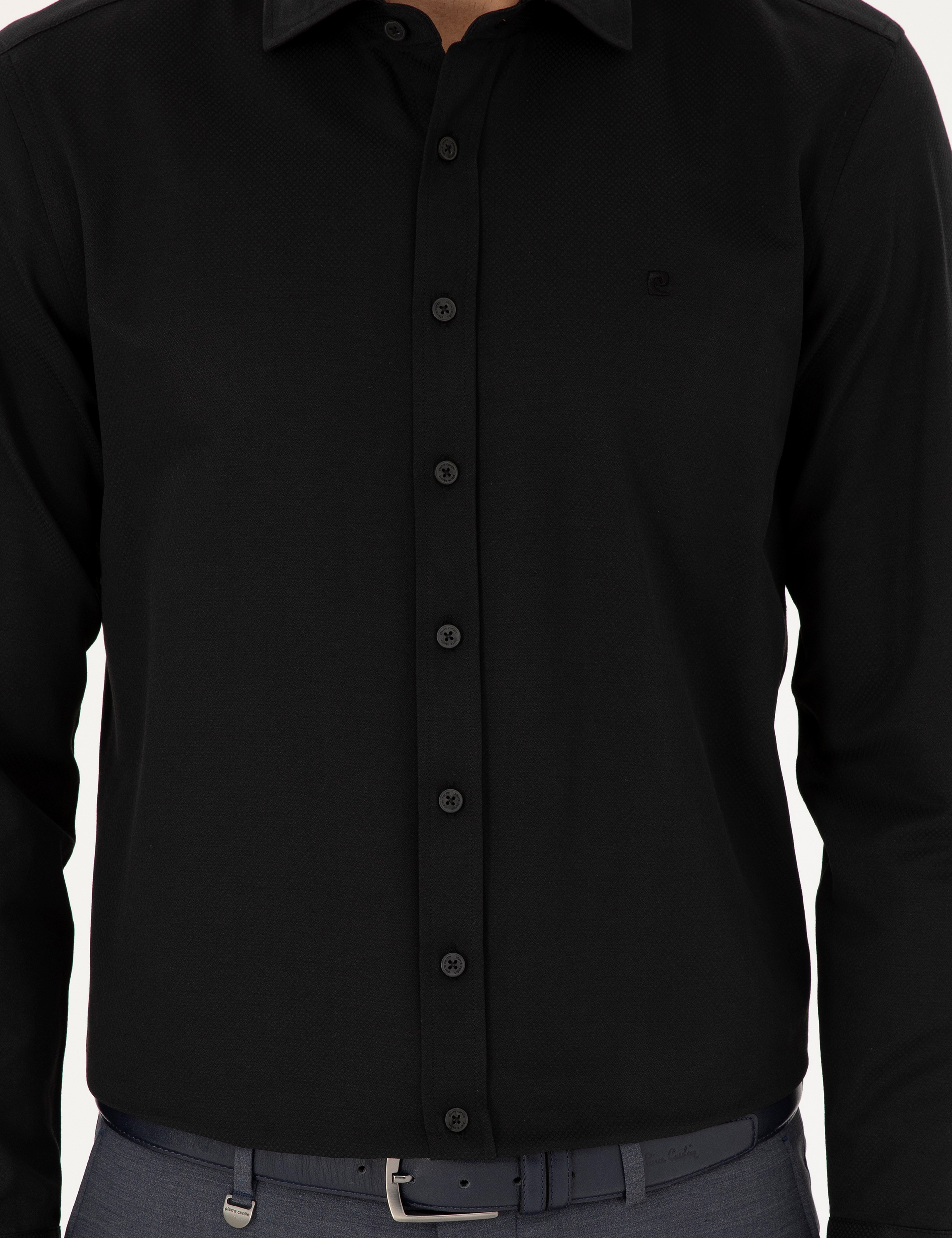 Siyah Slim Fit Armürlü Uzun Kollu Gömlek - Image 6