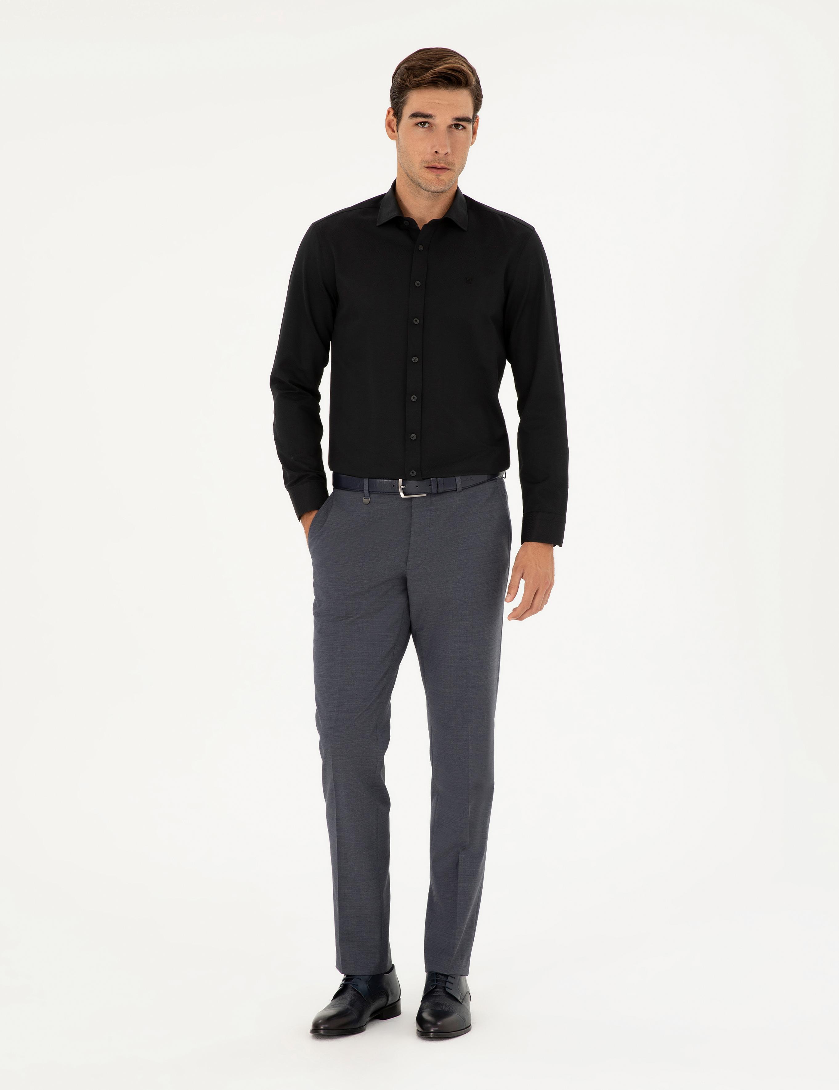 Siyah Slim Fit Armürlü Uzun Kollu Gömlek