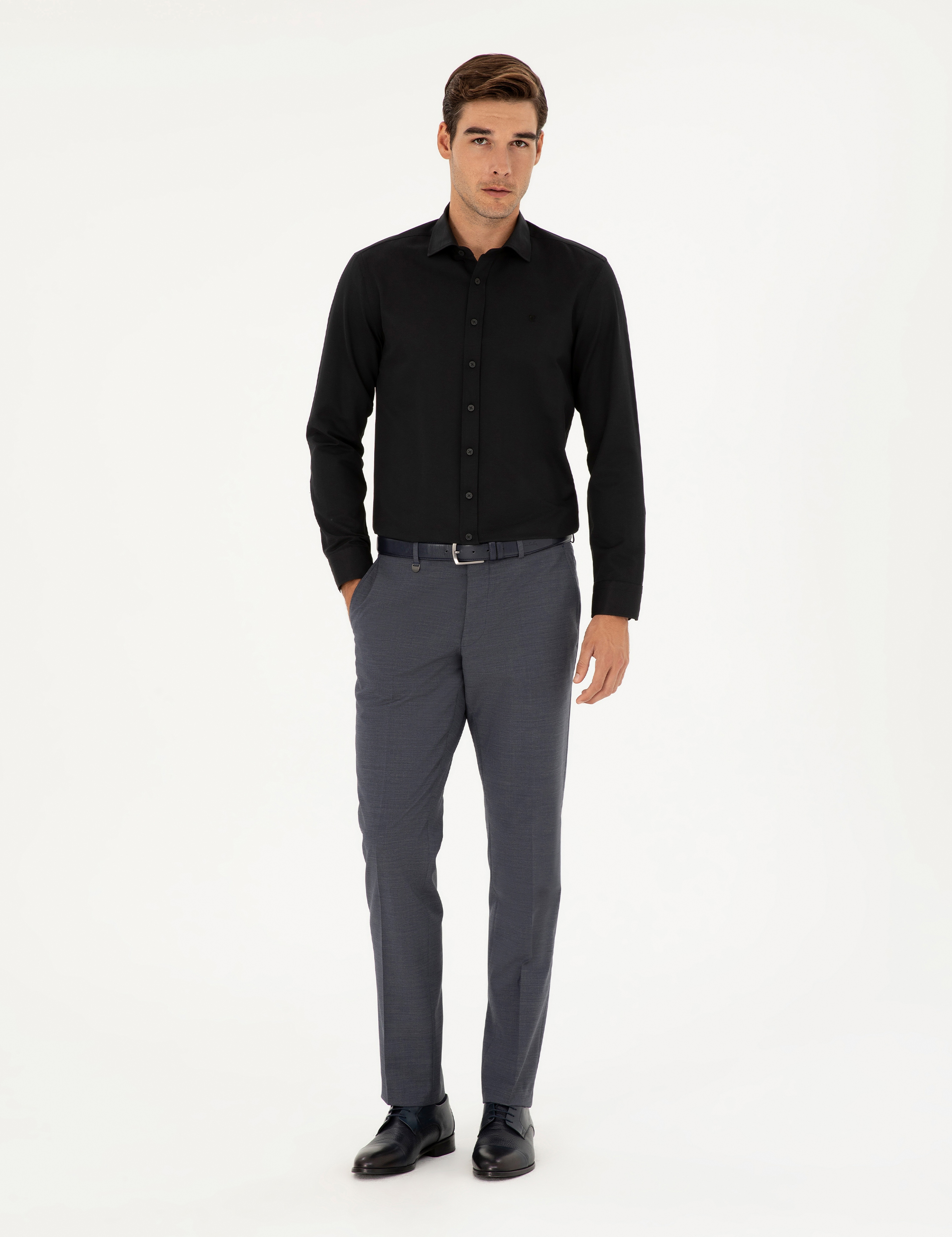 Siyah Slim Fit Armürlü Uzun Kollu Gömlek