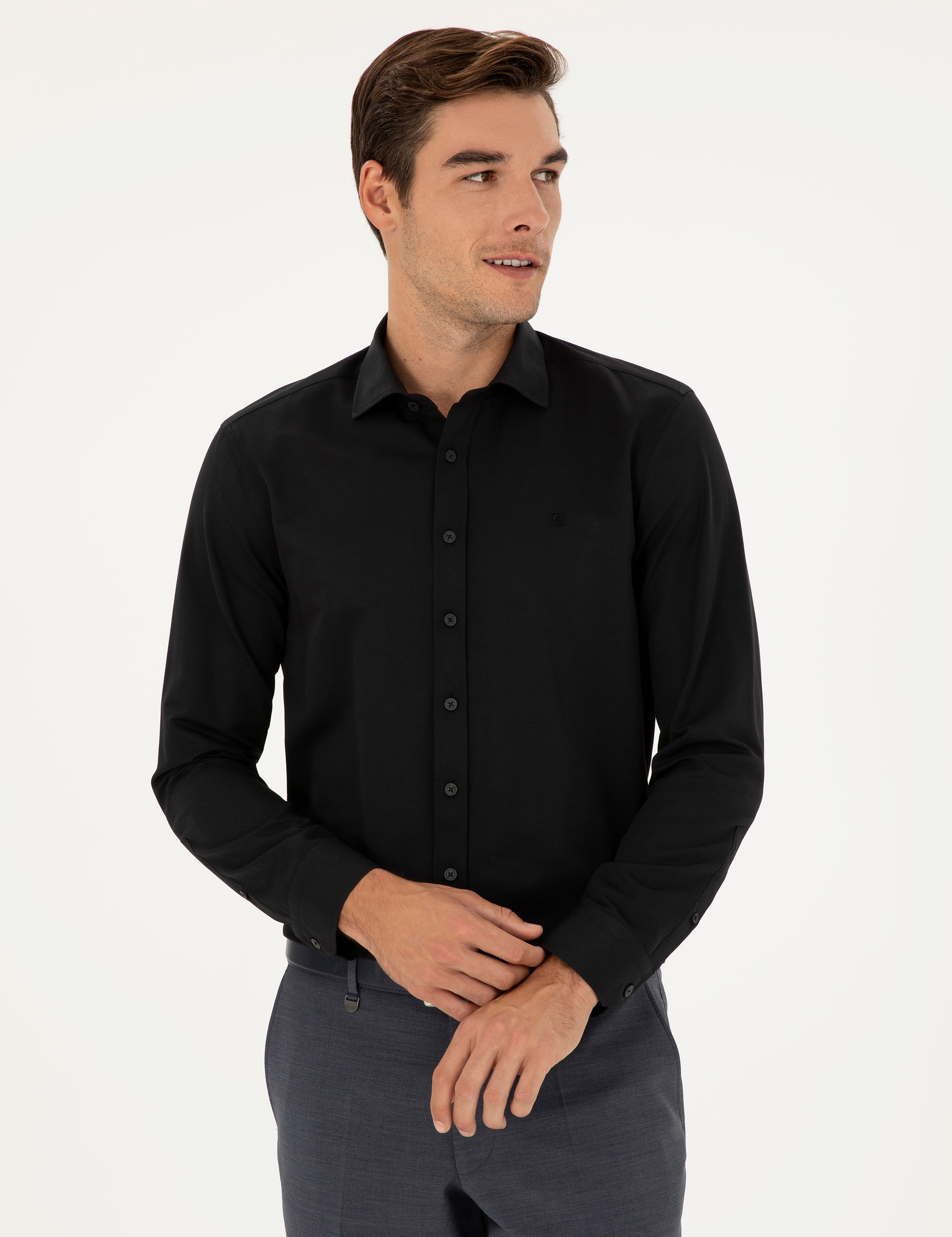 Siyah Slim Fit Armürlü Uzun Kollu Gömlek - Image 3
