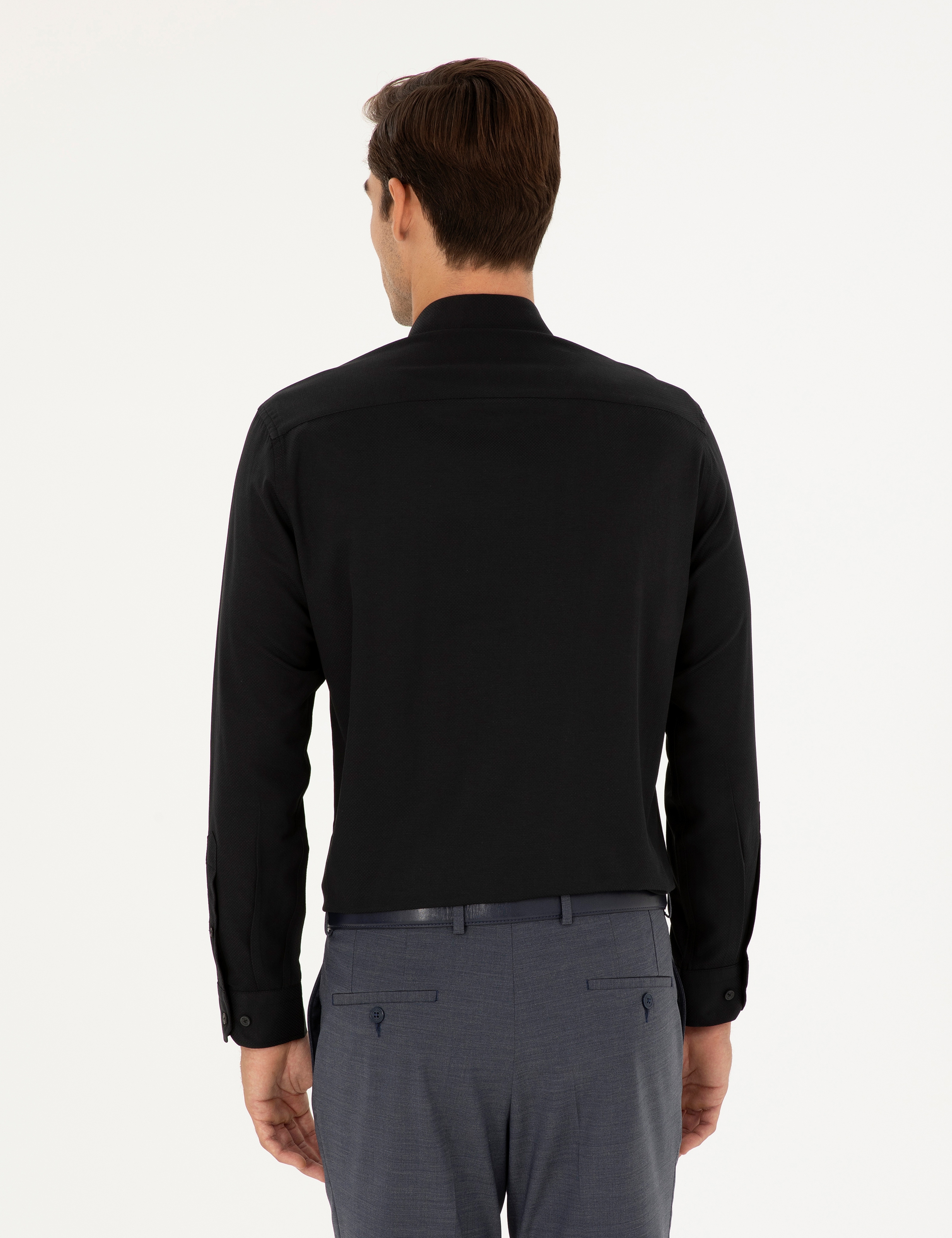 Siyah Slim Fit Armürlü Uzun Kollu Gömlek - Image 5