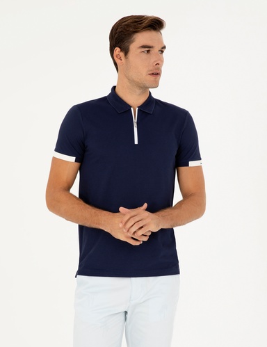 Lacivert Slim Fit Fermuarlı Polo Yaka Tişört