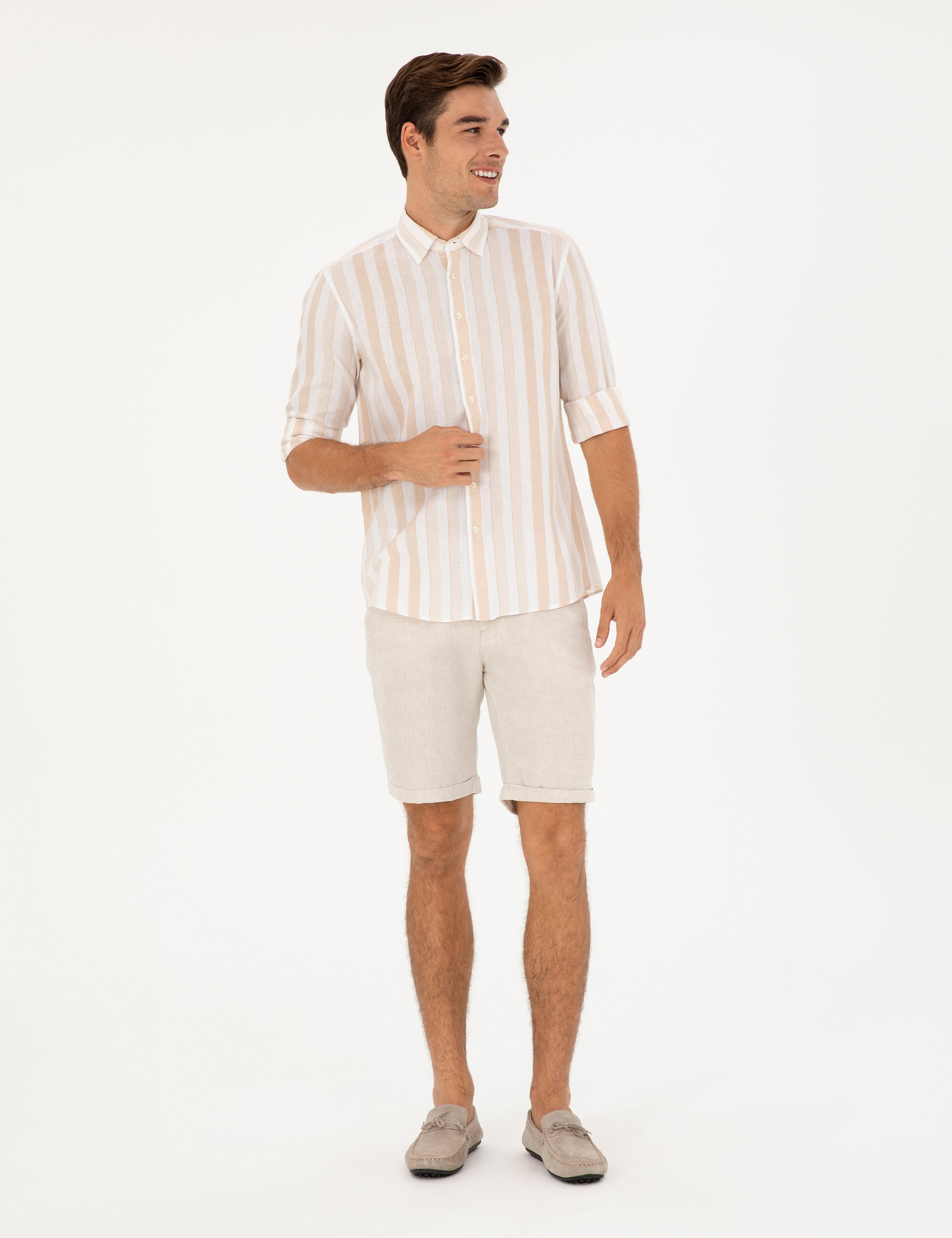 Yeşil Keten Karışımlı Regular Fit Uzun Kollu Gömlek - Image 4