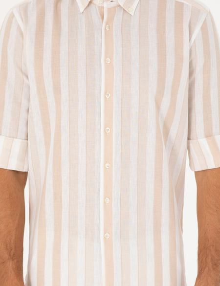 Yeşil Keten Karışımlı Regular Fit Uzun Kollu Gömlek - 50289349013