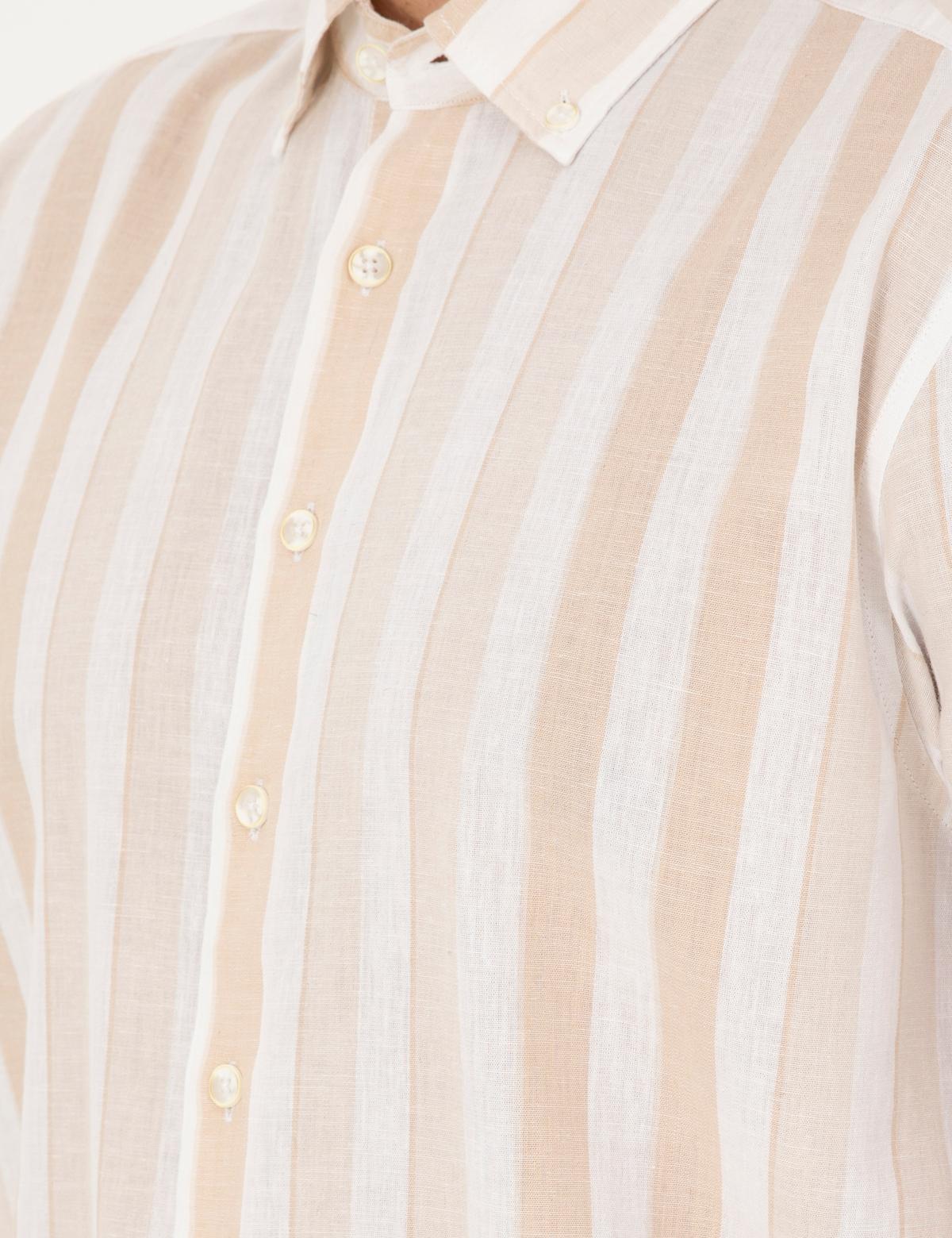 Yeşil Keten Karışımlı Regular Fit Uzun Kollu Gömlek - 50289349013