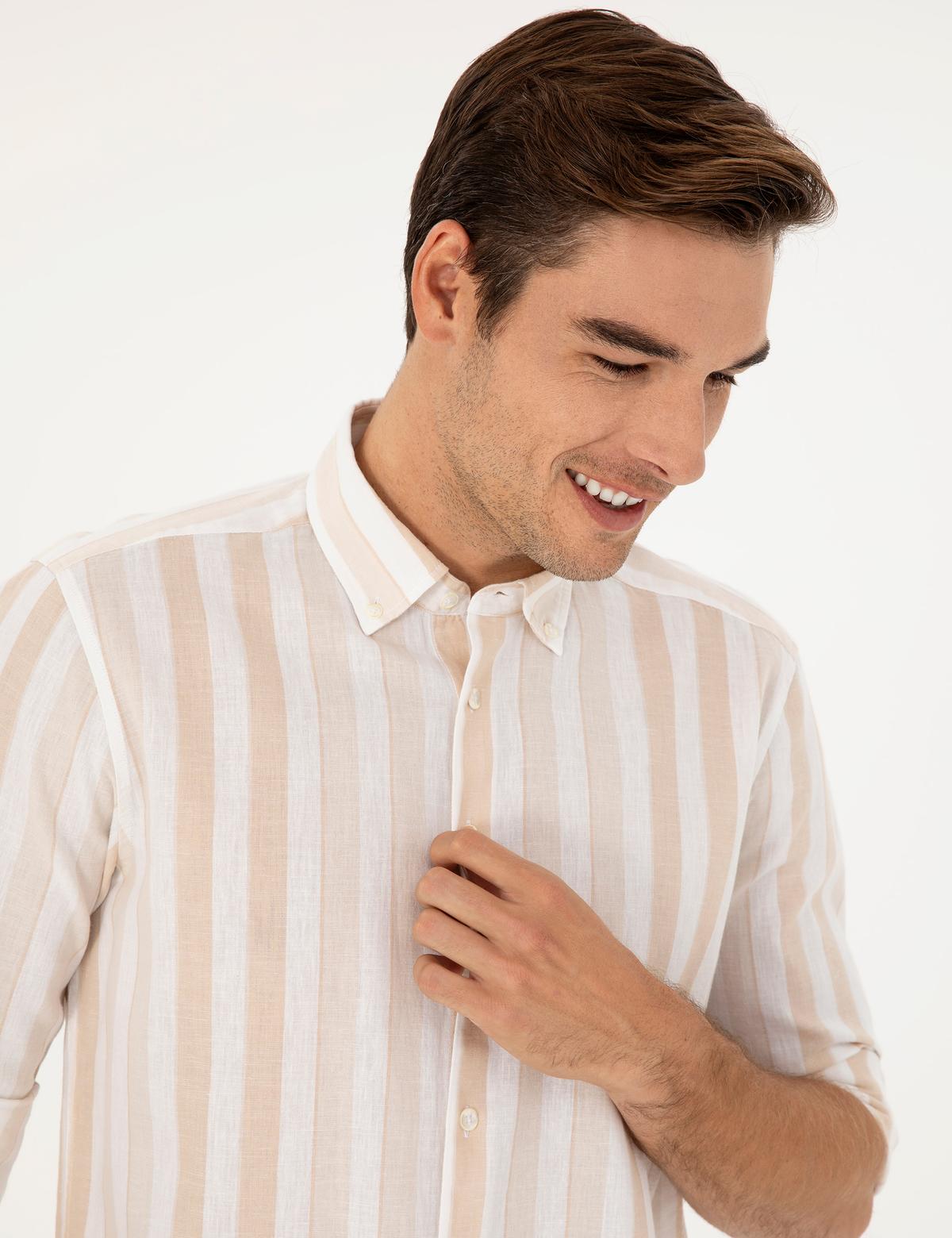 Yeşil Keten Karışımlı Regular Fit Uzun Kollu Gömlek - 50289349013