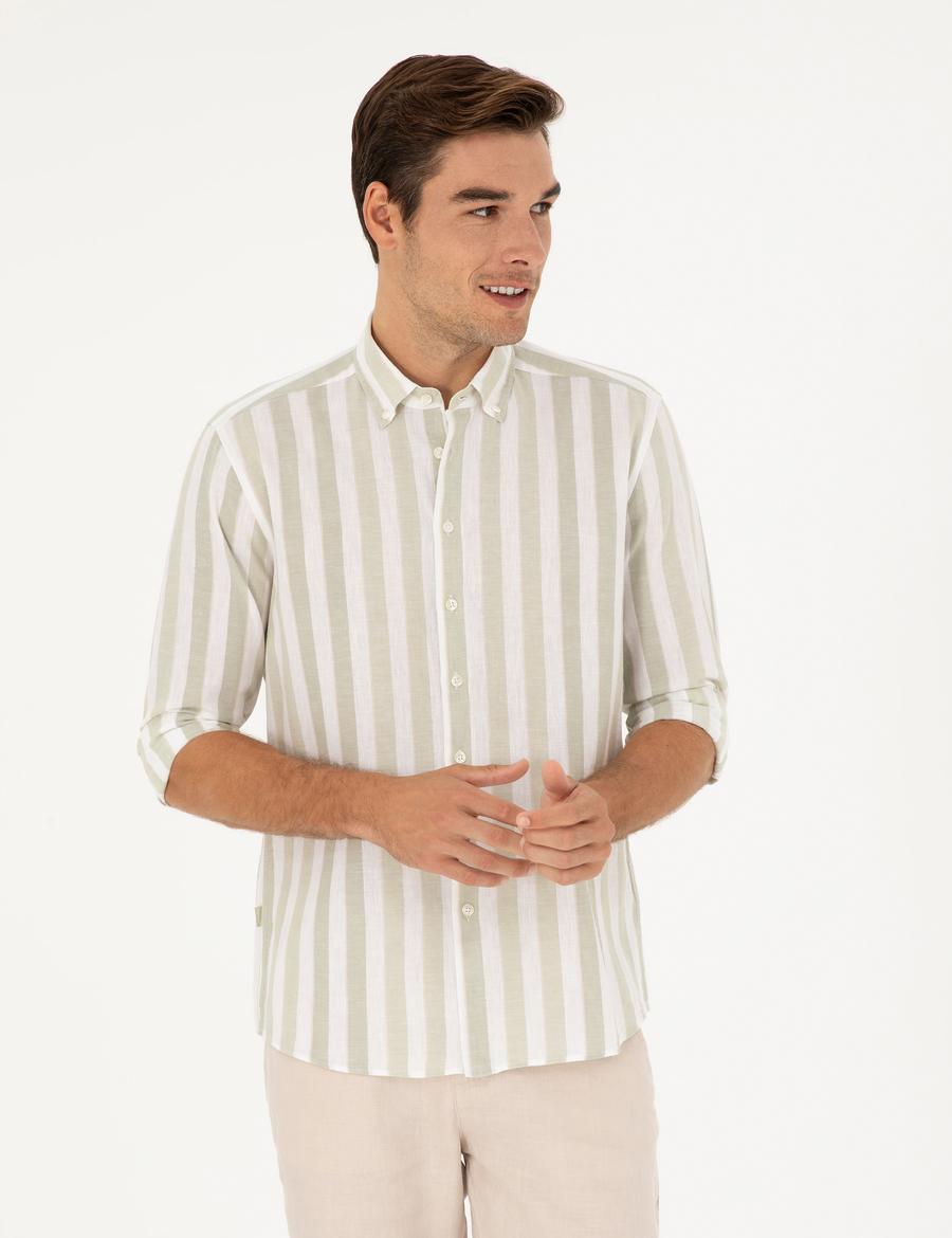 Yeşil Keten Karışımlı Regular Fit Uzun Kollu Gömlek