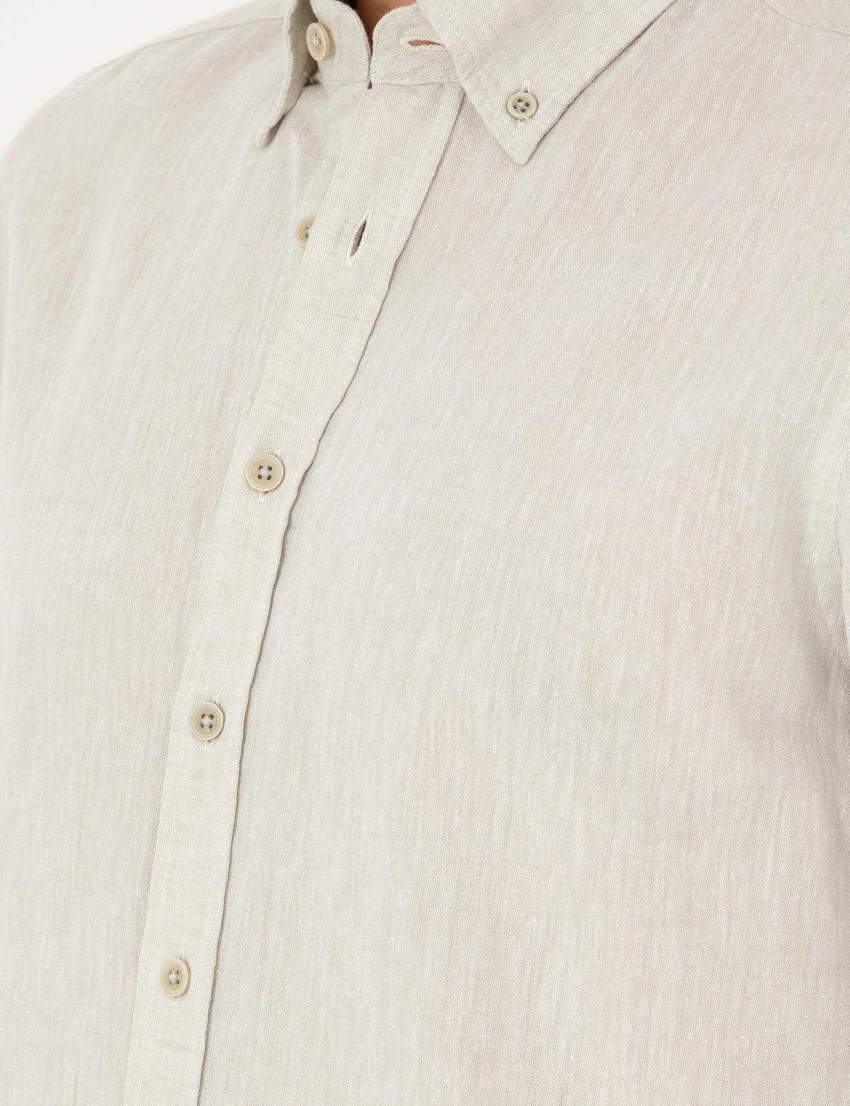 Yeşil Keten Karışımlı Regular Fit Uzun Kollu Gömlek - 50284168005