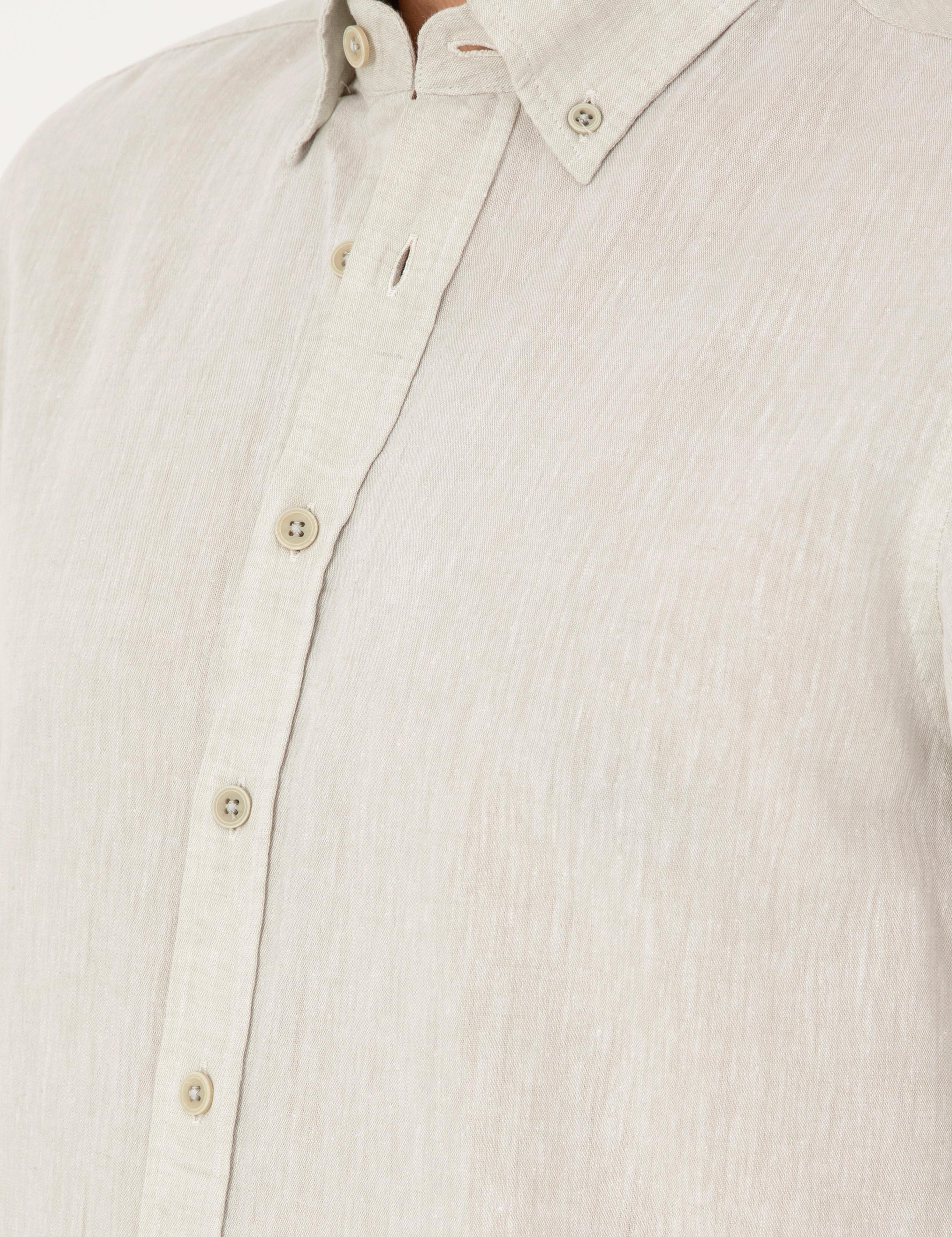 Yeşil Keten Karışımlı Regular Fit Uzun Kollu Gömlek