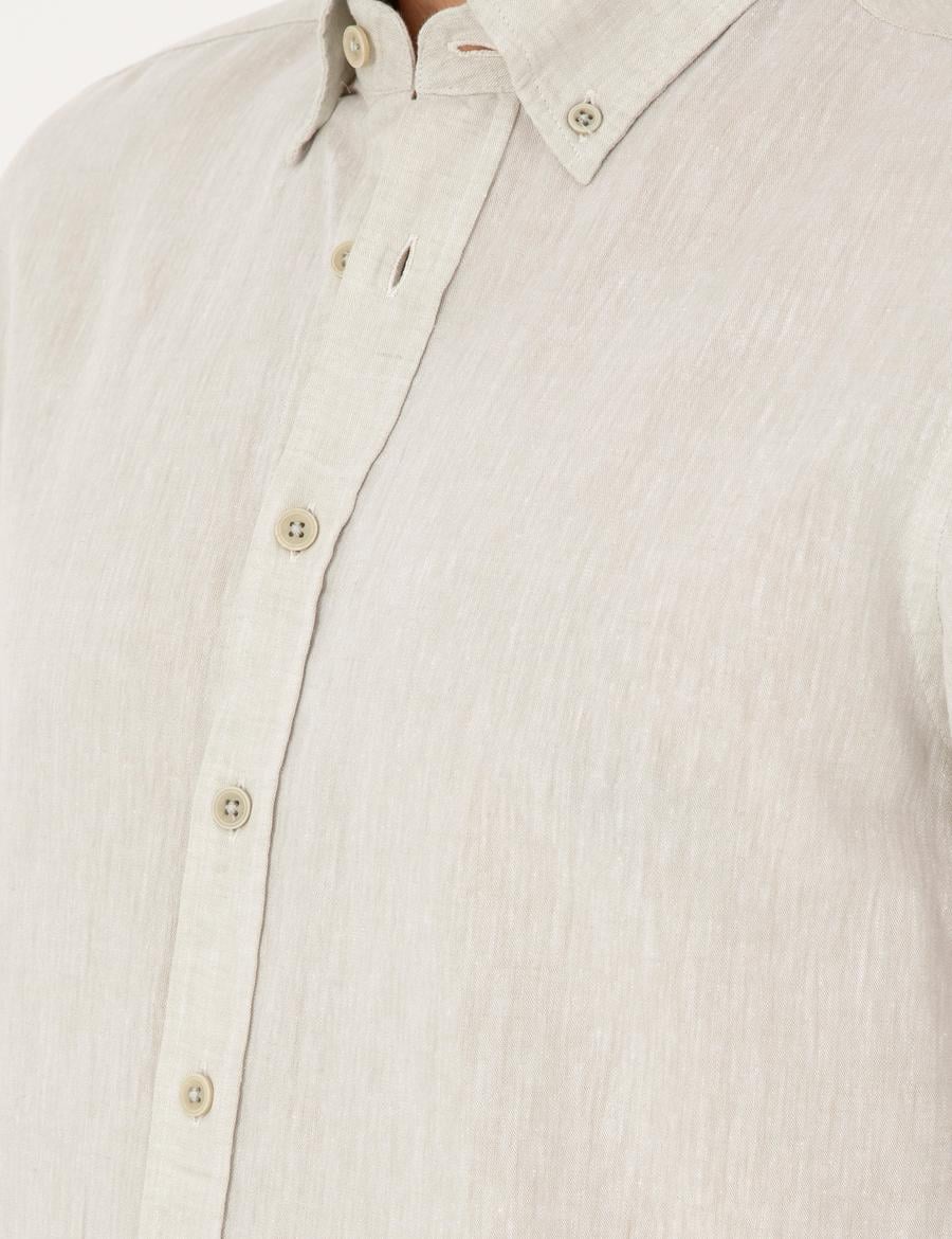 Yeşil Keten Karışımlı Regular Fit Uzun Kollu Gömlek