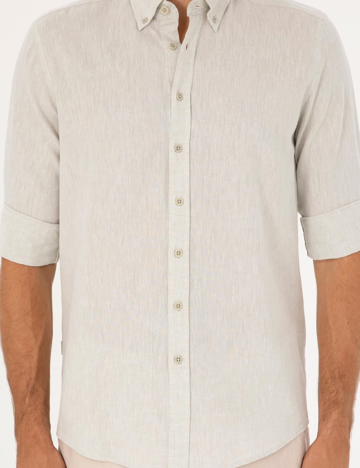 Yeşil Keten Karışımlı Regular Fit Uzun Kollu Gömlek - 50284168005