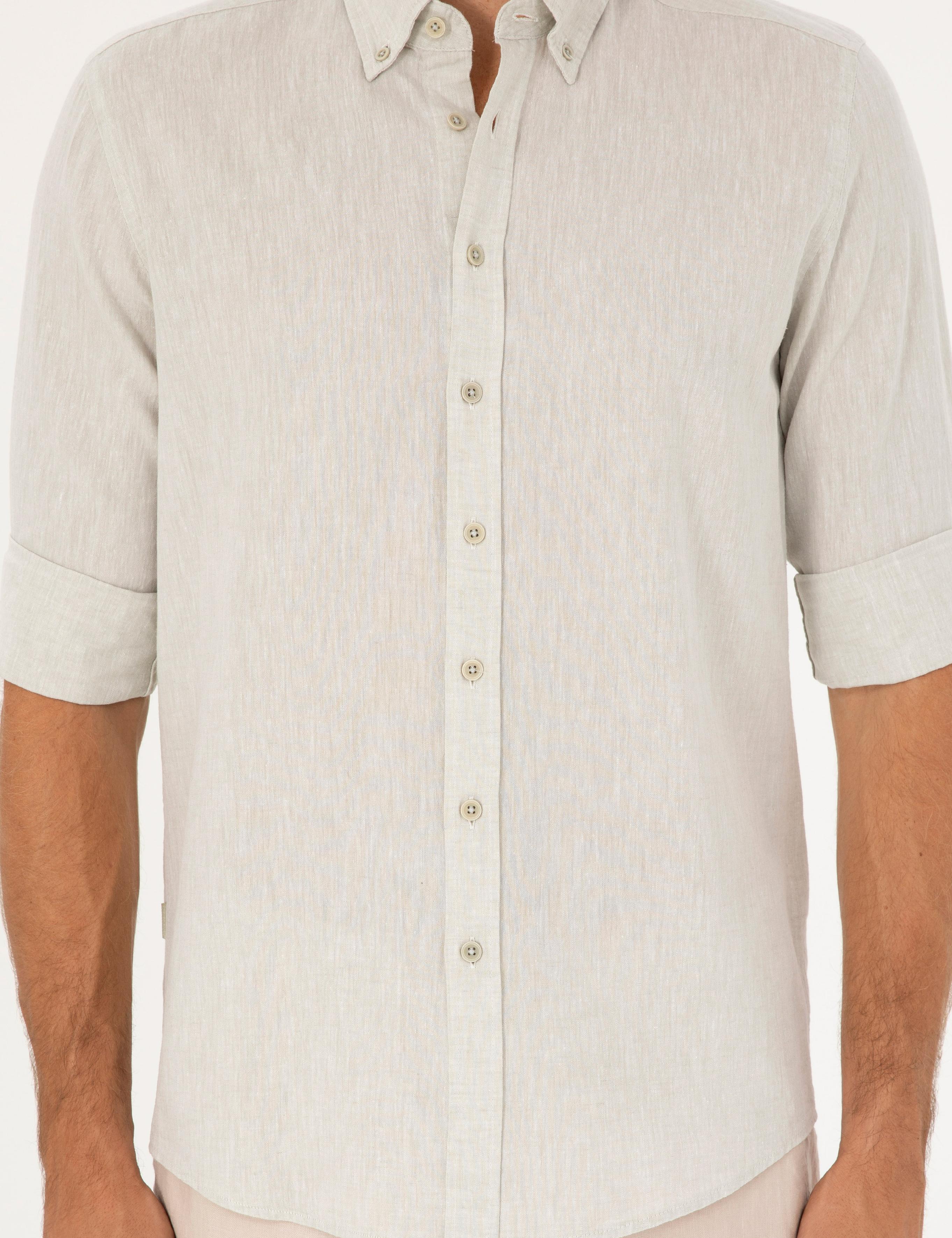 Yeşil Keten Karışımlı Regular Fit Uzun Kollu Gömlek