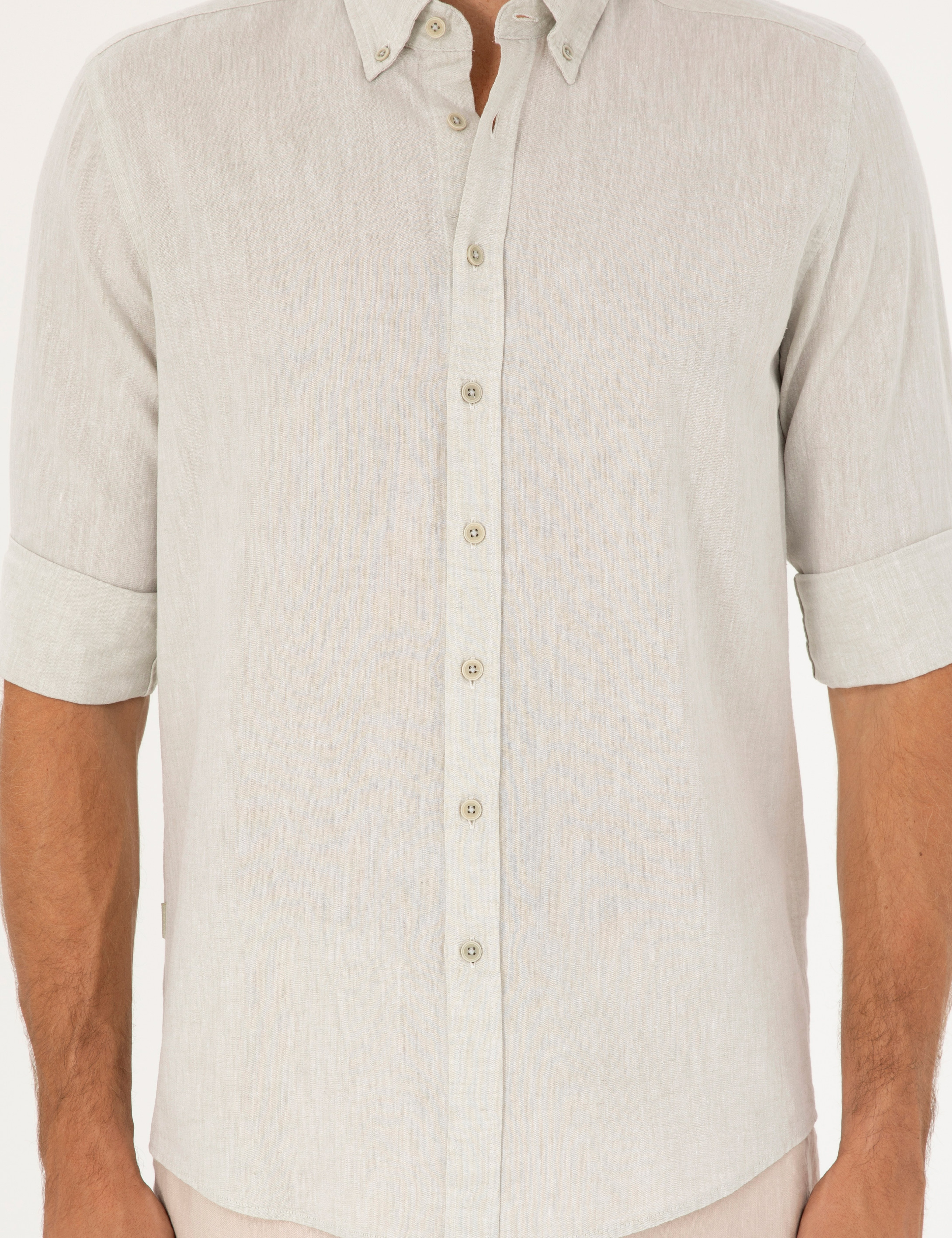 Yeşil Keten Karışımlı Regular Fit Uzun Kollu Gömlek - Image 6