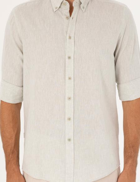 Yeşil Keten Karışımlı Regular Fit Uzun Kollu Gömlek - 50284168005