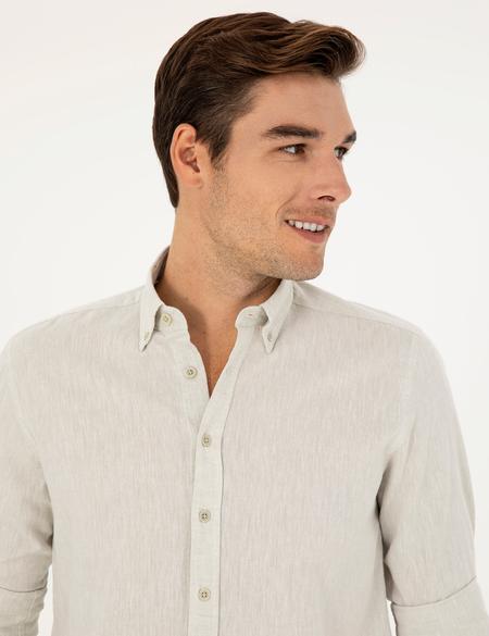 Yeşil Keten Karışımlı Regular Fit Uzun Kollu Gömlek - 50284168005