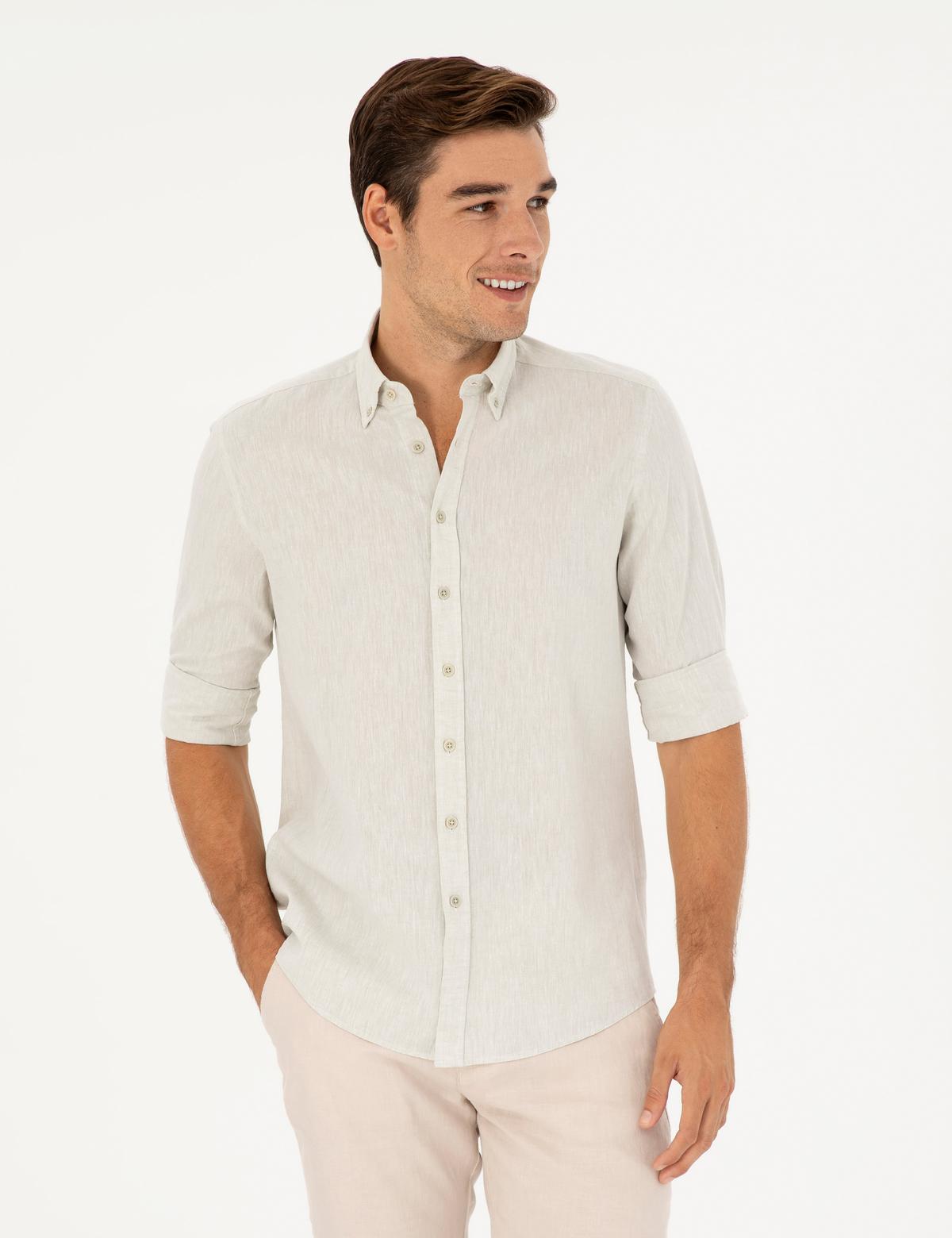 Yeşil Keten Karışımlı Regular Fit Uzun Kollu Gömlek