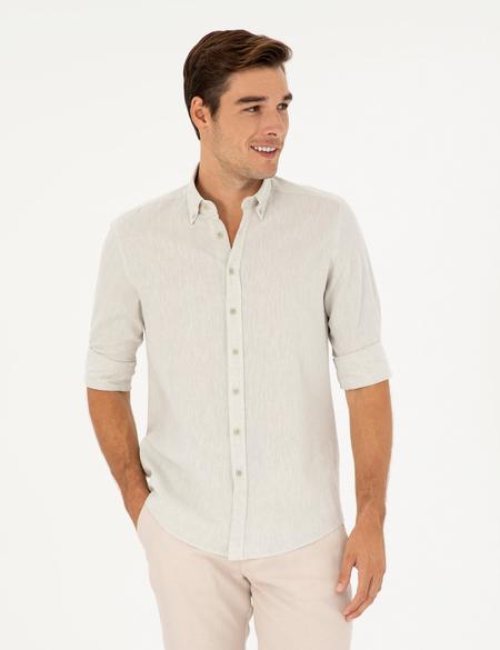 Yeşil Keten Karışımlı Regular Fit Uzun Kollu Gömlek - 50284168005