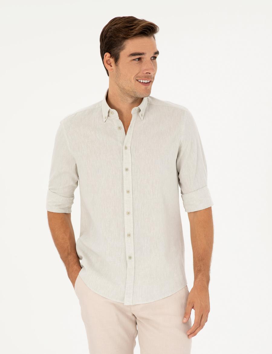 Yeşil Keten Karışımlı Regular Fit Uzun Kollu Gömlek