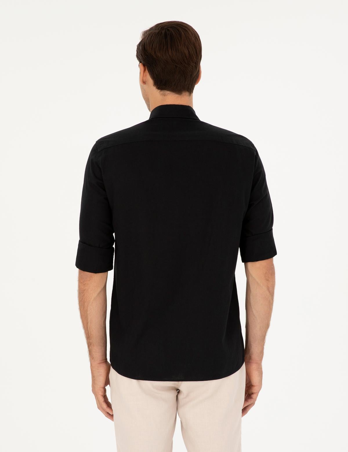 Siyah Keten Karışımlı Regular Fit Uzun Kollu Gömlek - 50284168115