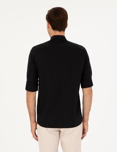 Siyah Keten Karışımlı Regular Fit Uzun Kollu Gömlek - 50284168115