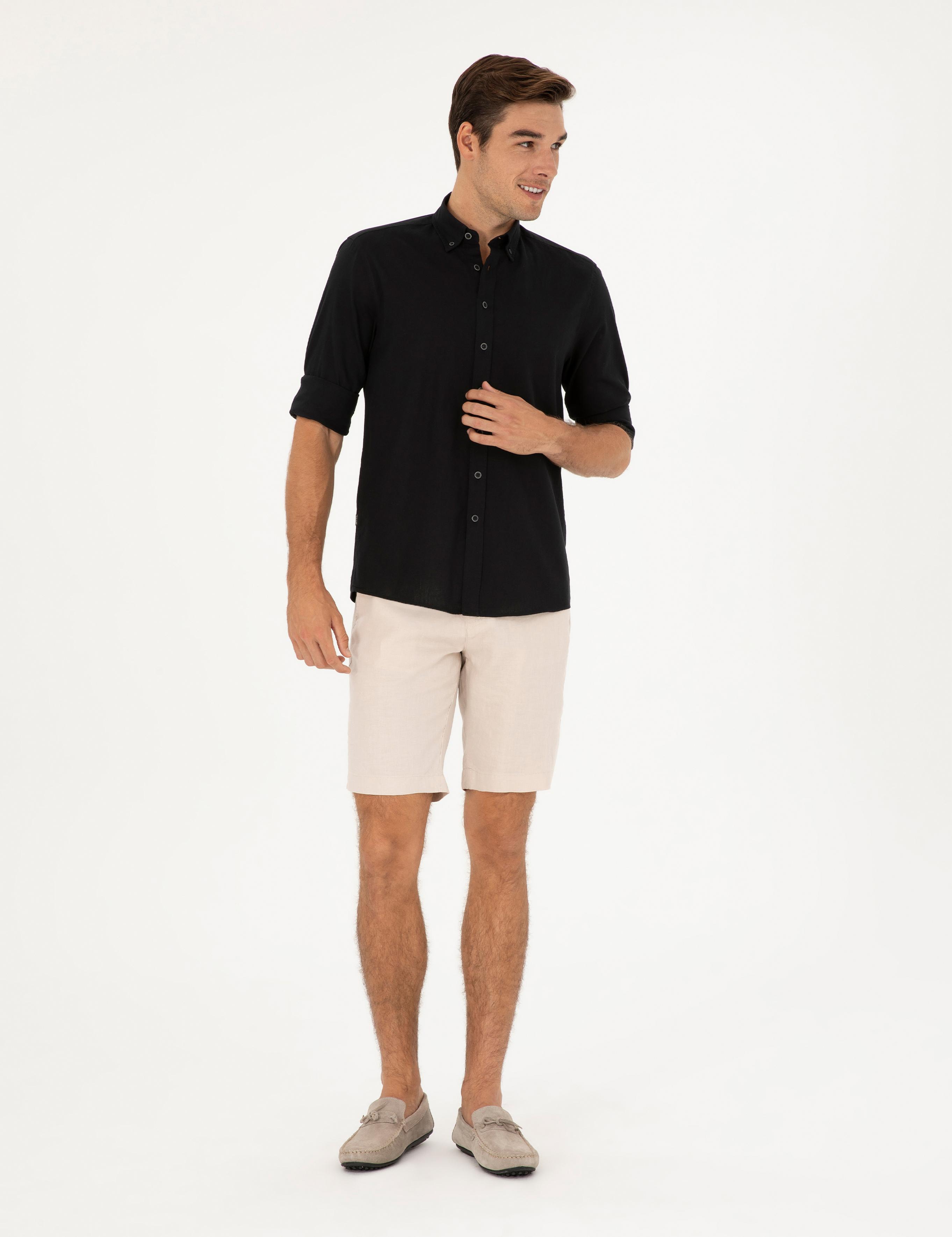 Siyah Keten Karışımlı Regular Fit Uzun Kollu Gömlek