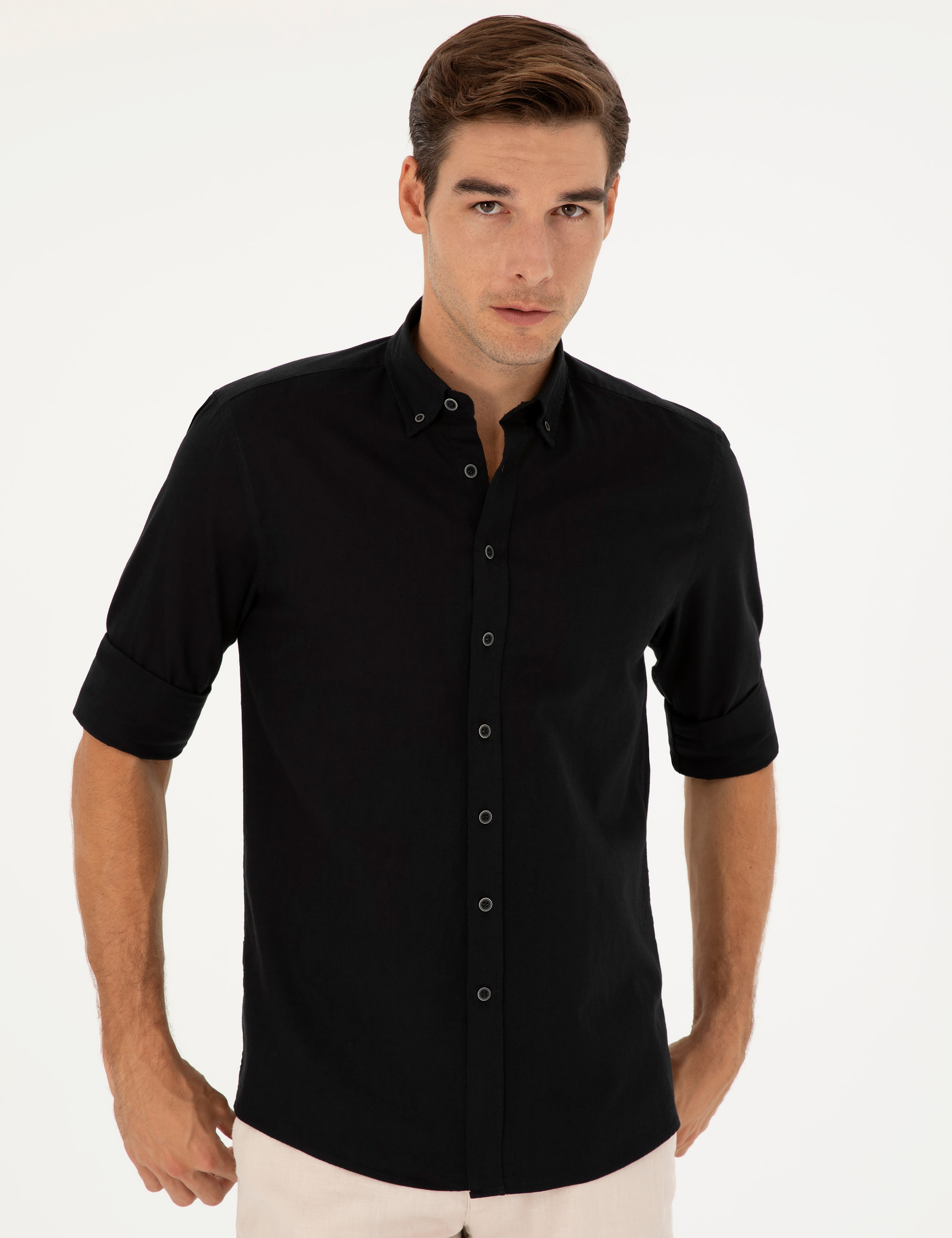 Siyah Keten Karışımlı Regular Fit Uzun Kollu Gömlek - Image 3