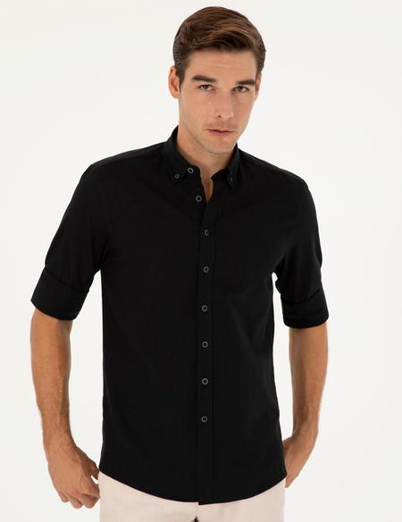Siyah Keten Karışımlı Regular Fit Uzun Kollu Gömlek - 50284168115