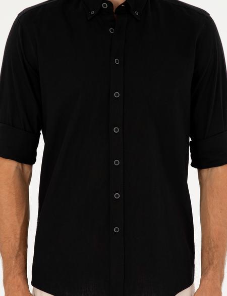 Siyah Keten Karışımlı Regular Fit Uzun Kollu Gömlek - 50284168115
