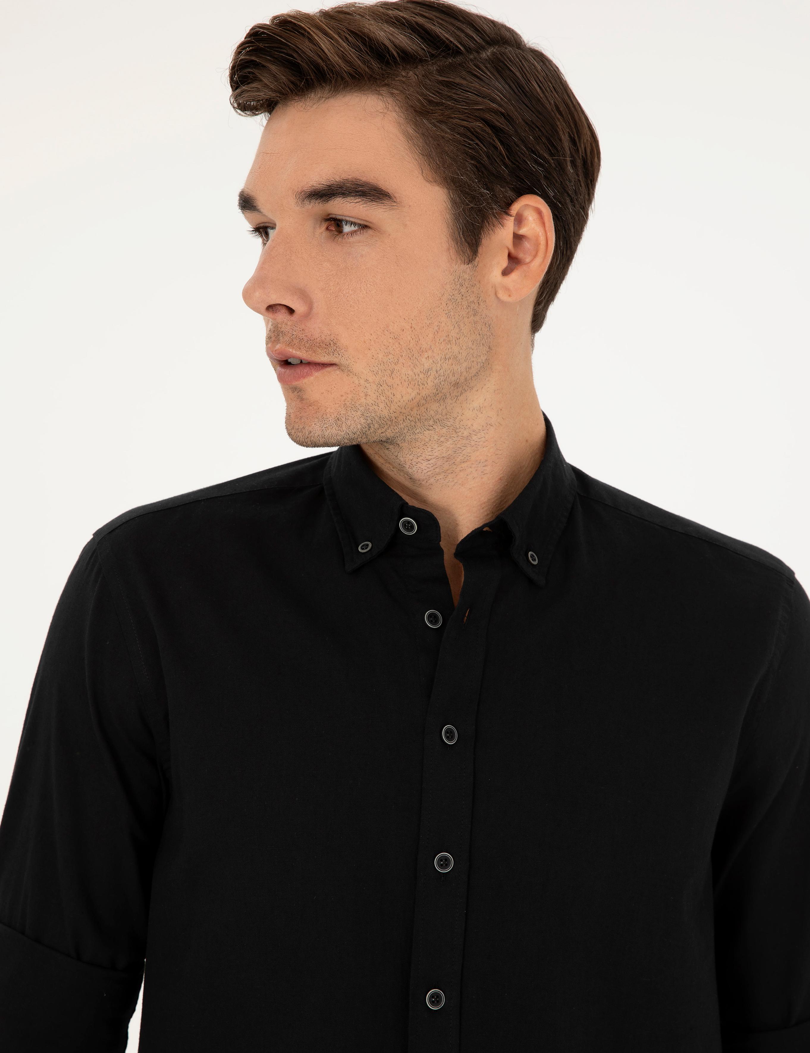 Siyah Keten Karışımlı Regular Fit Uzun Kollu Gömlek