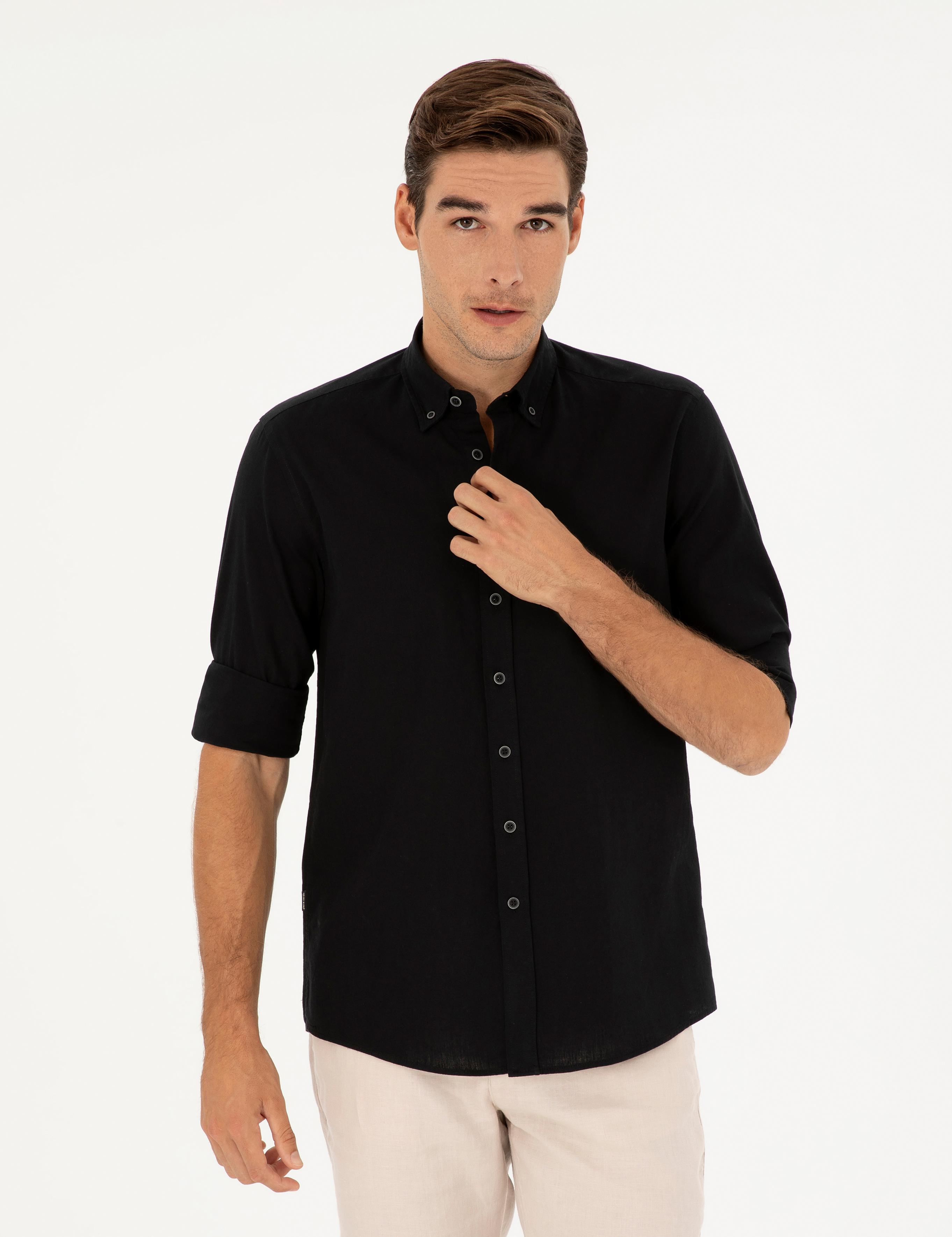 Siyah Keten Karışımlı Regular Fit Uzun Kollu Gömlek