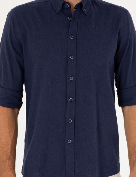 Koyu Lacivert Keten Karışımlı Regular Fit Uzun Kollu Gömlek - 50284168156