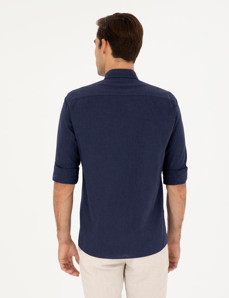 Koyu Lacivert Keten Karışımlı Regular Fit Uzun Kollu Gömlek - 50284168156