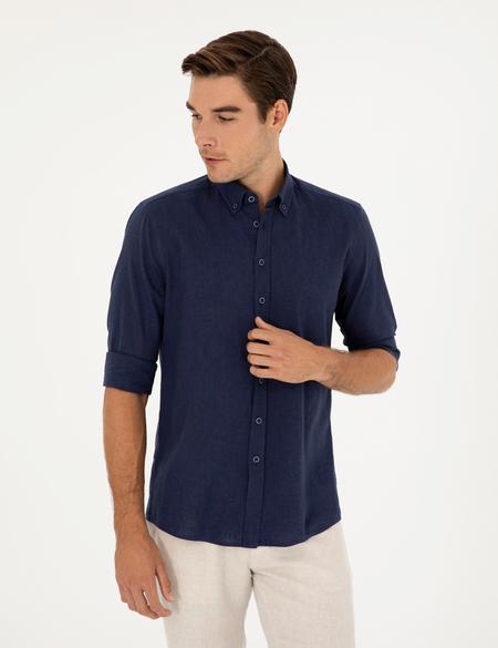 Koyu Lacivert Keten Karışımlı Regular Fit Uzun Kollu Gömlek - 50284168156