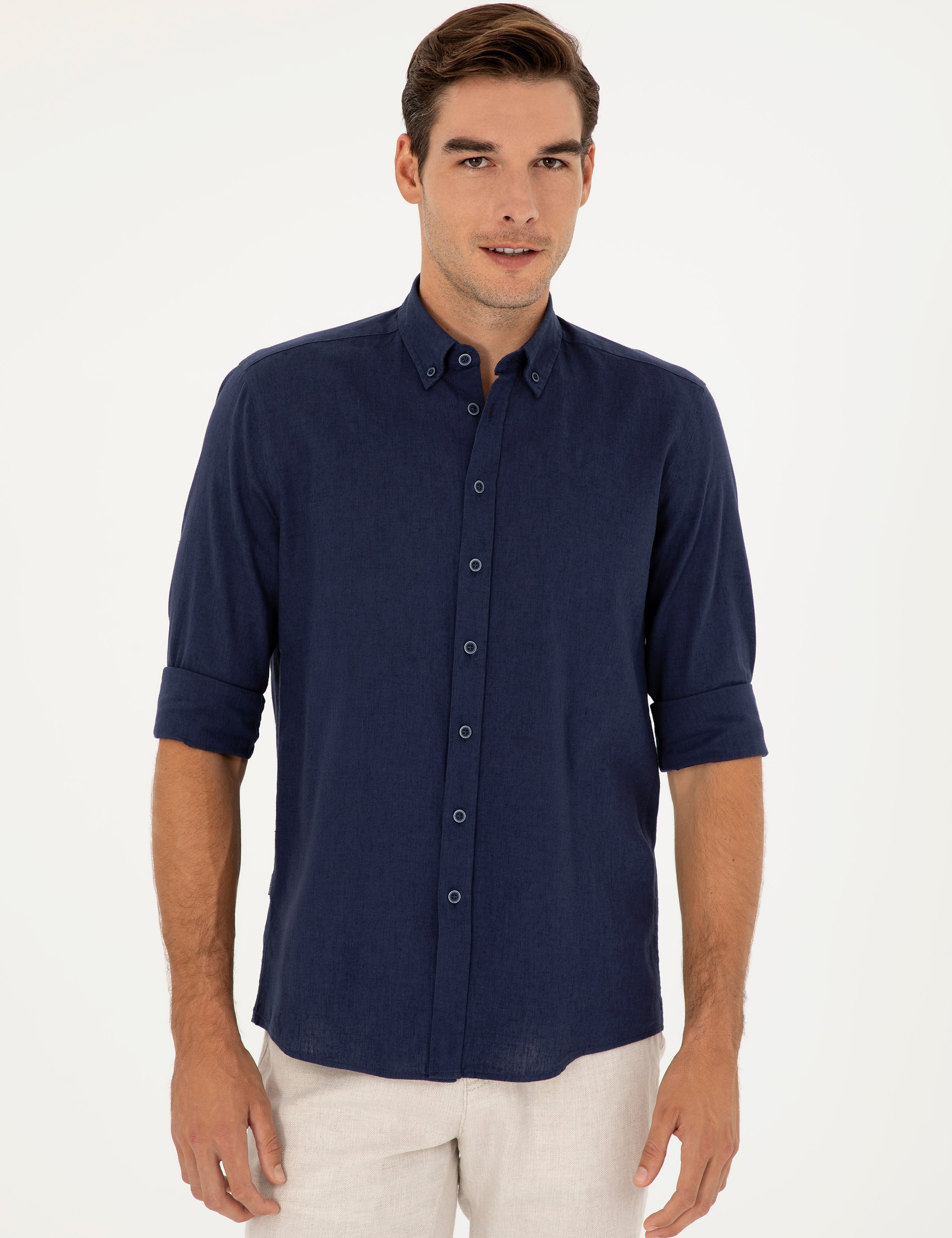Koyu Lacivert Keten Karışımlı Regular Fit Uzun Kollu Gömlek - Image 3